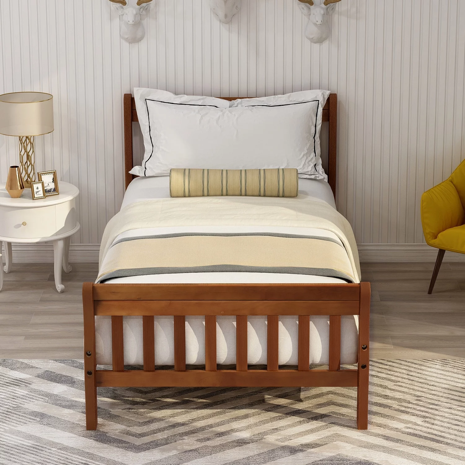 Twin Bed Frame Panel Bed Wood Platform Bed Mattress Foundation Sleigh Bed with Headboard/Footboard/Wood Slat Support for Kids, Teens