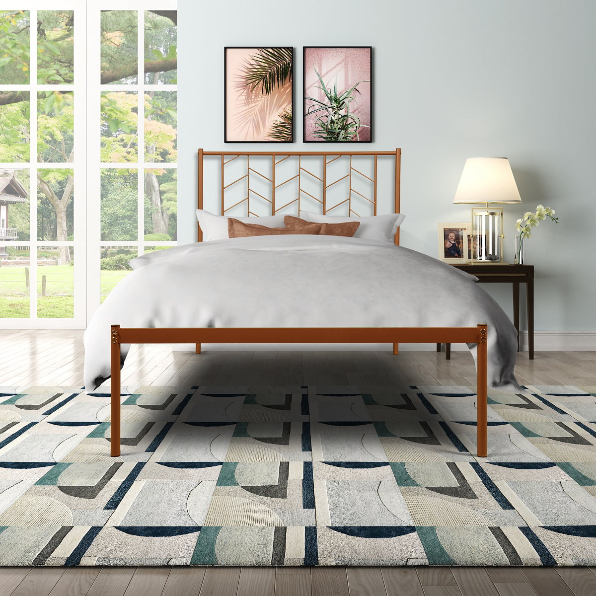 Simple Vintage Twin Metal Platform Bed Frame with Headboard and wood slats Easy Assembly