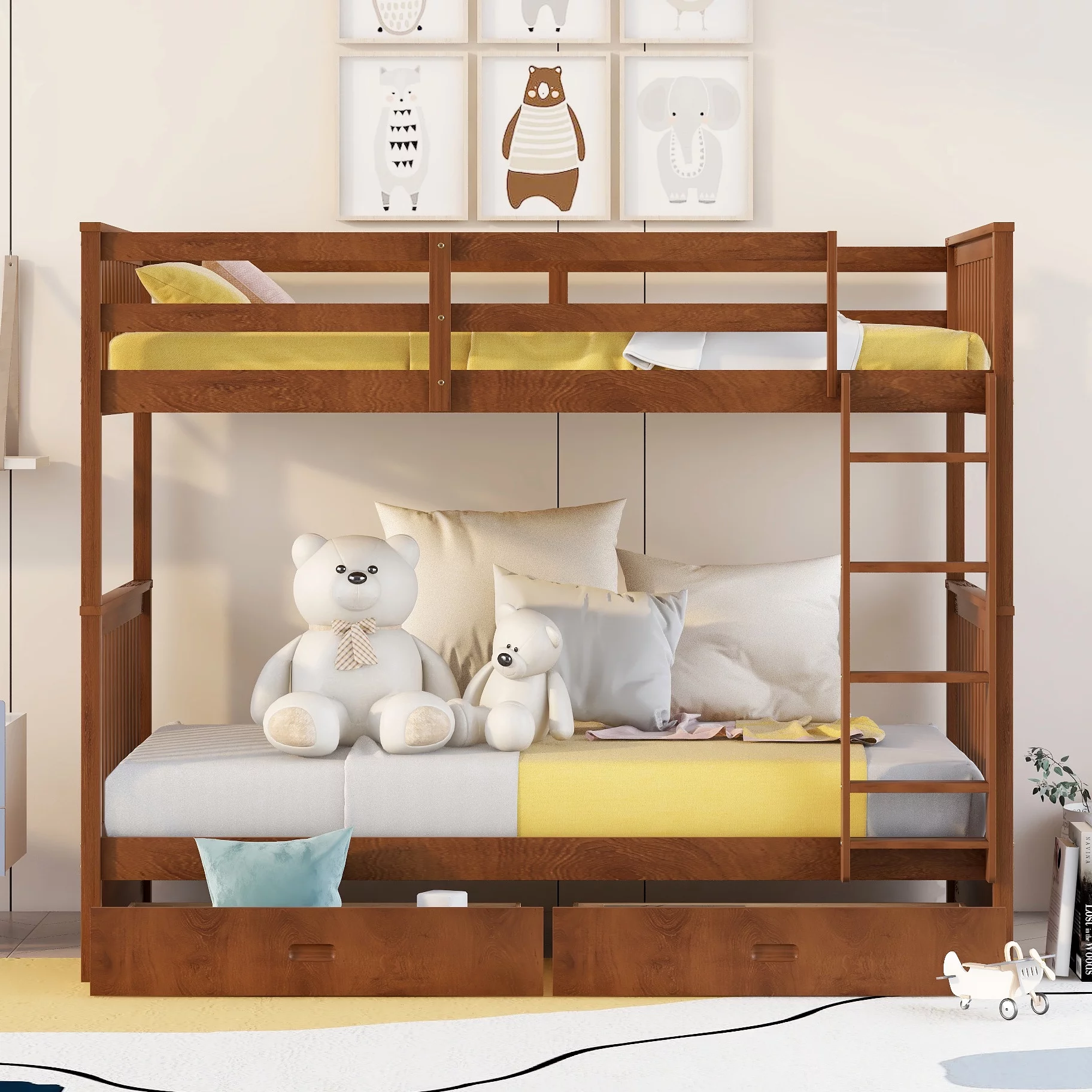 Bellemave Bunk Beds with Storage Drawers, Solid Wood Twin Over Twin Bunk Beds Frame with Ladders for Kids Teens Adults (Walnut)