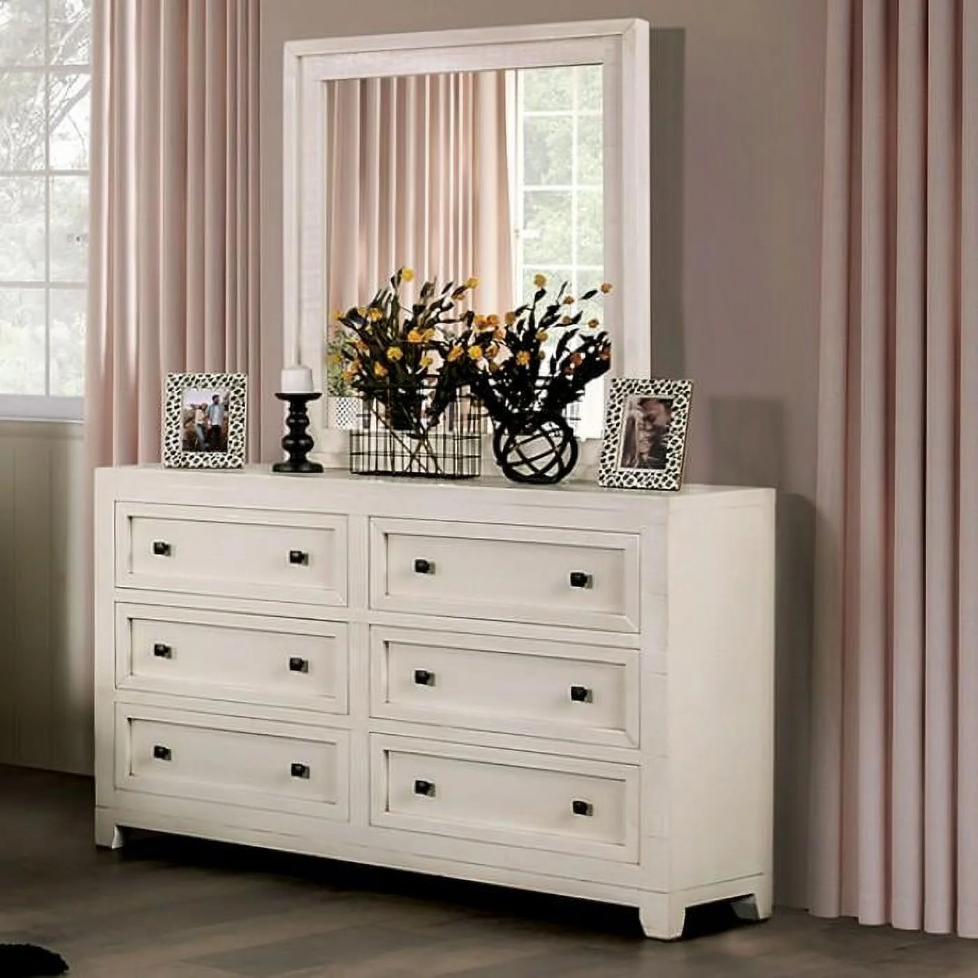 Rustic Ivory Solid Wood Dresser w/Mirror FOA EM7074IV-D Oakridge