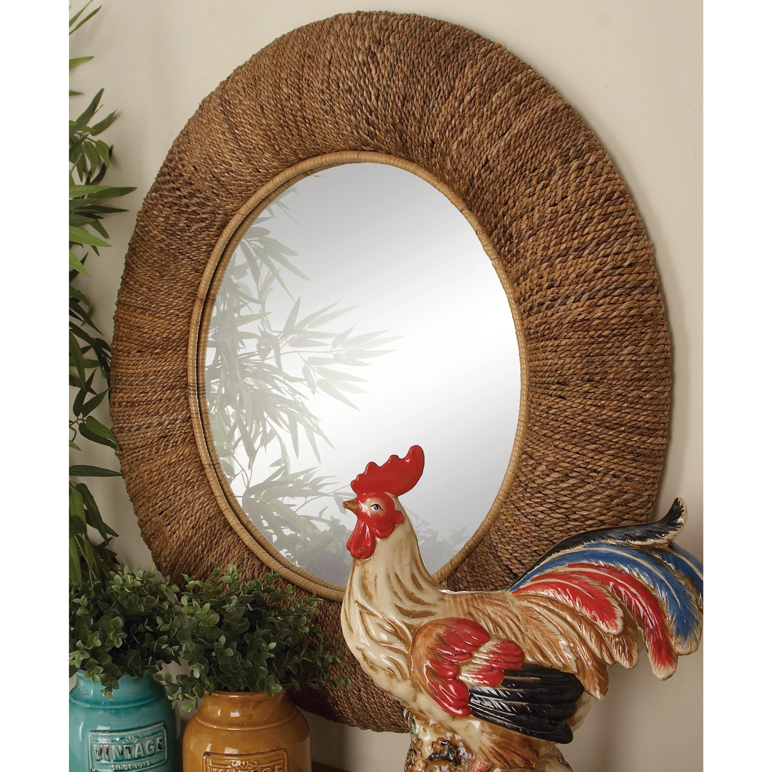 DecMode Coastal Brown Weaved Rattan Round Wall Mirror, 35