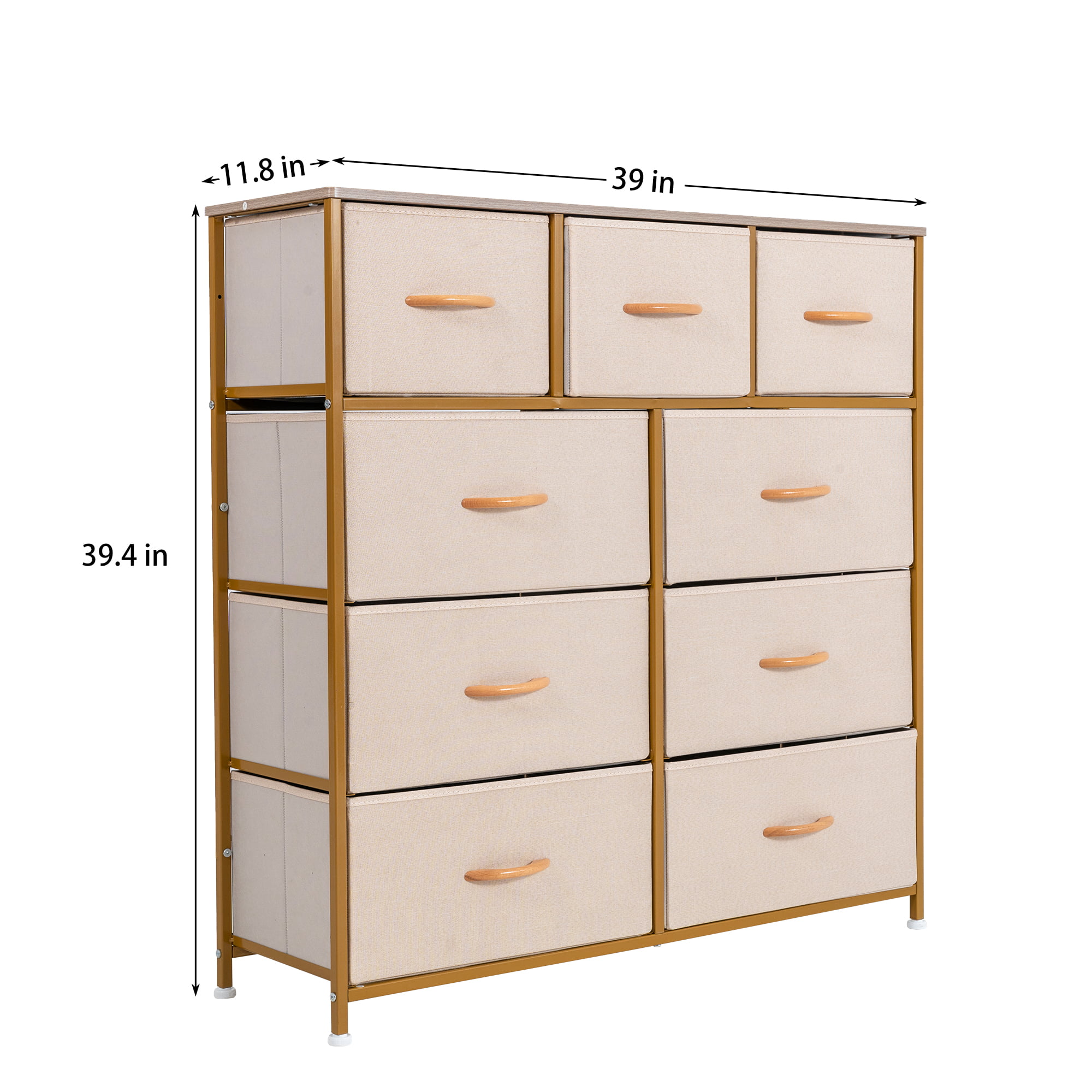 Bedroom Storage Dresser with 9 Drawers Bins Steel Frame Organizer Non-woven Fabric Chest Gold Pink