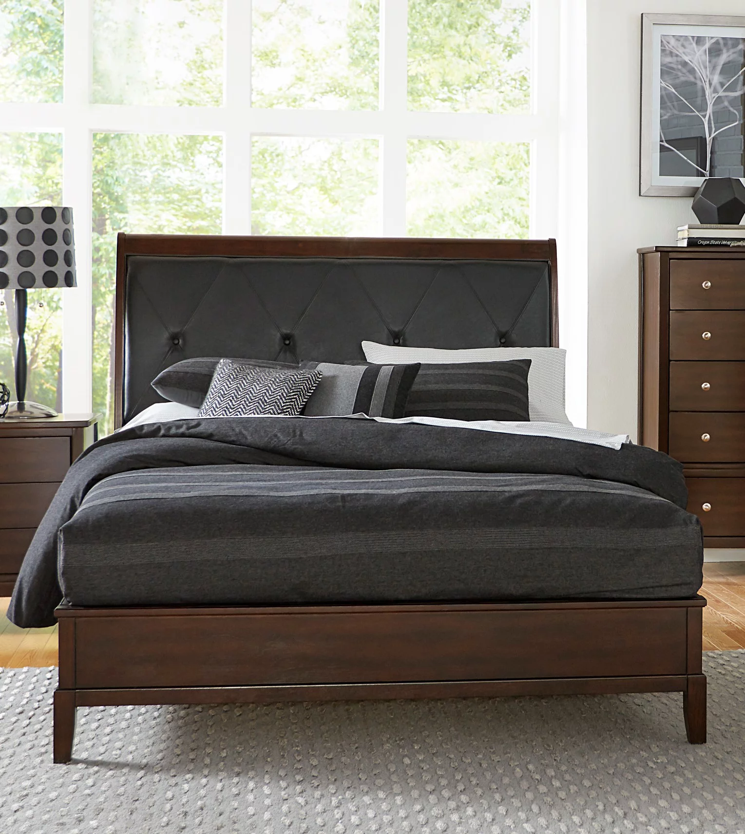 Cherry Finish Full Size Sleigh Bed with Button-Tufted Headboard
