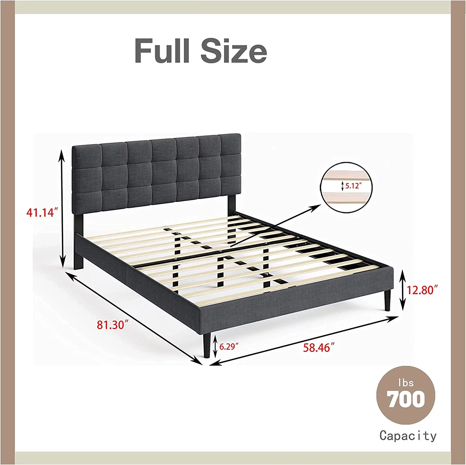 Beautiplove Upholstered Linen Platform Full Size Bed Frame with Polka Dot Headboard Metal Slat Support Mattress Support No Box Spring Needed Easy to Assemble Light Grey