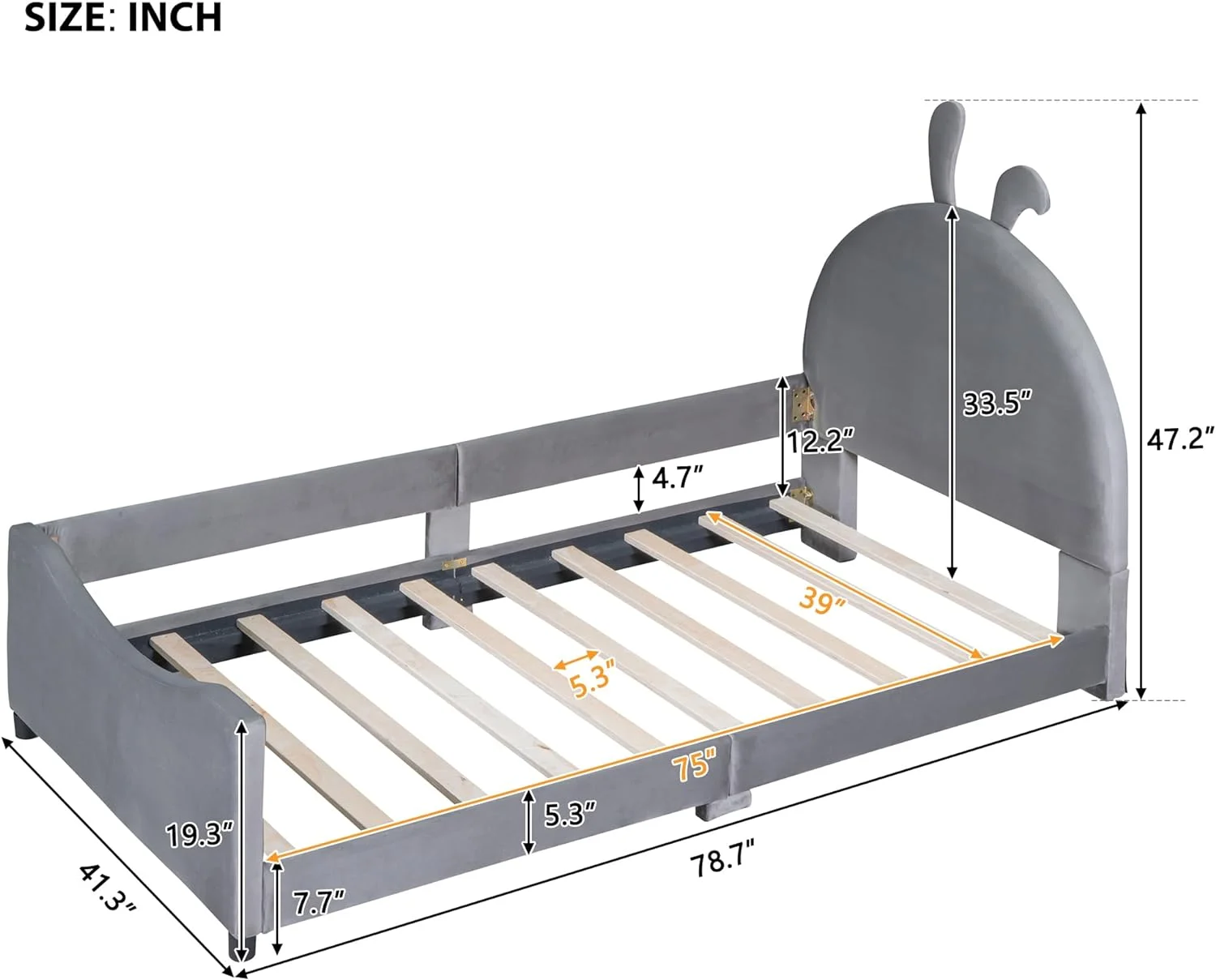 Upholsered Daybed Frame For Kids, Velve Plaform Bed Wih Caro Ears Shaped Headboard, Wood Sofa Bed For Girls Boys ( Size, Gray)