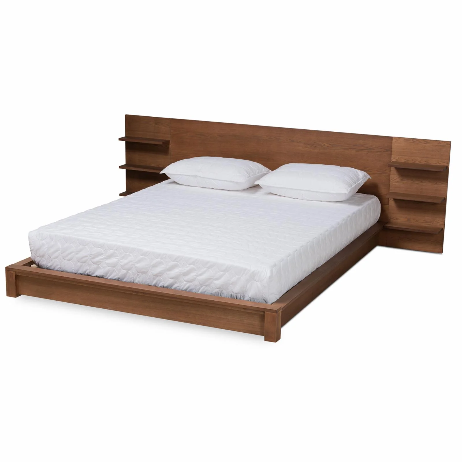 Baxton Studio Elina Walnut Brown Finished Wood King Size Bed with Shelves
