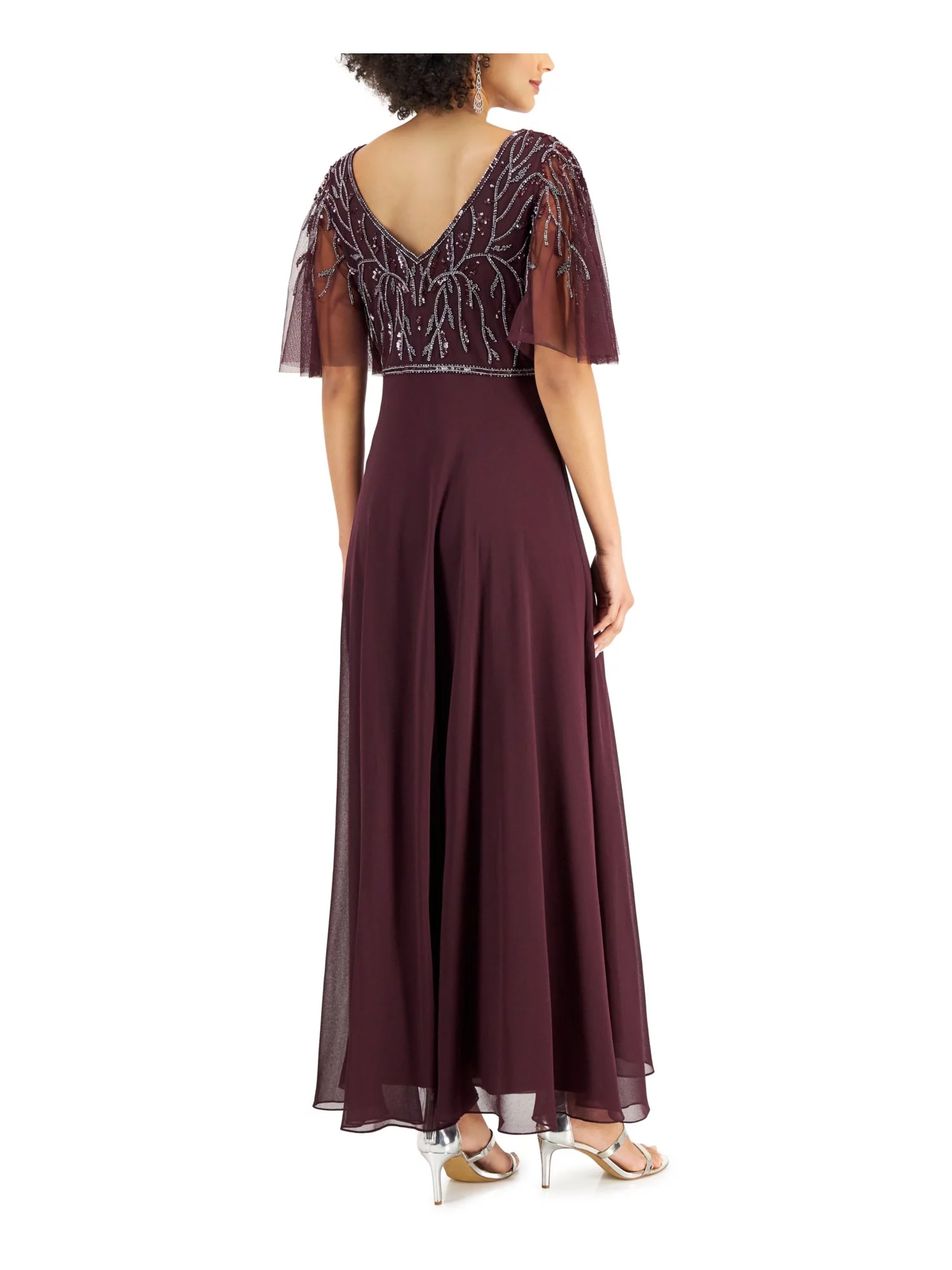 JKARA Womens Burgundy Beaded Sequined Sheer Lined Flutter Sleeve V Neck Full-Length Evening Gown Dress 14