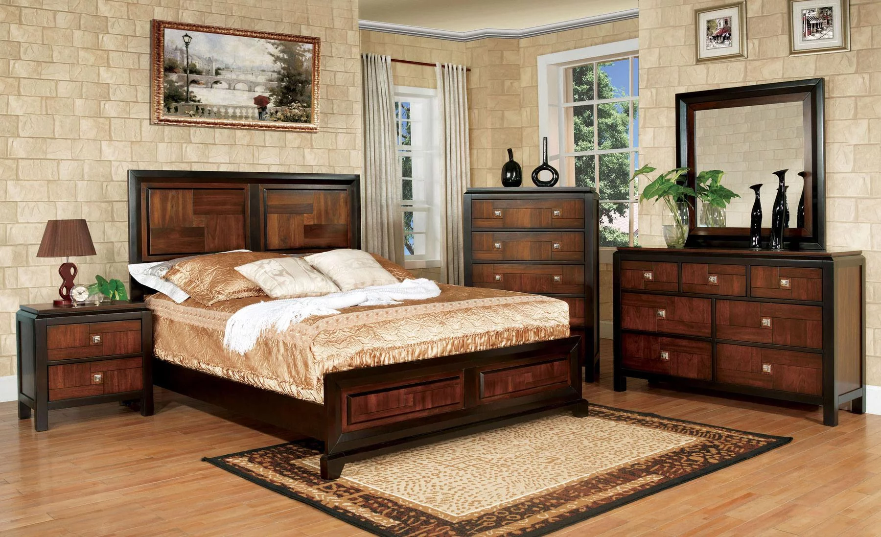 Acacia & Walnut Solid Wood Queen Bedroom Set 6pcs FOA CM7152-Q Patra