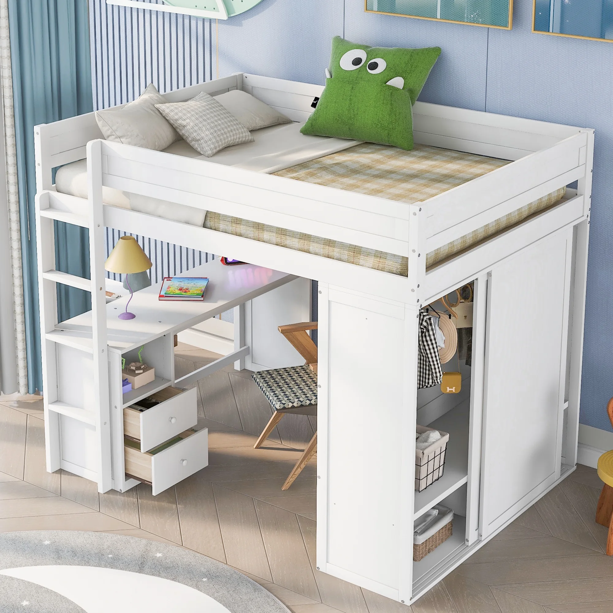 Full Wood Loft Bed with Wardrobes and 2-Drawer Desk with Cabinet, Loft Twin Bed with Desk for Teenagers, Multiple Functions Bed, Easy to Assemble (White)