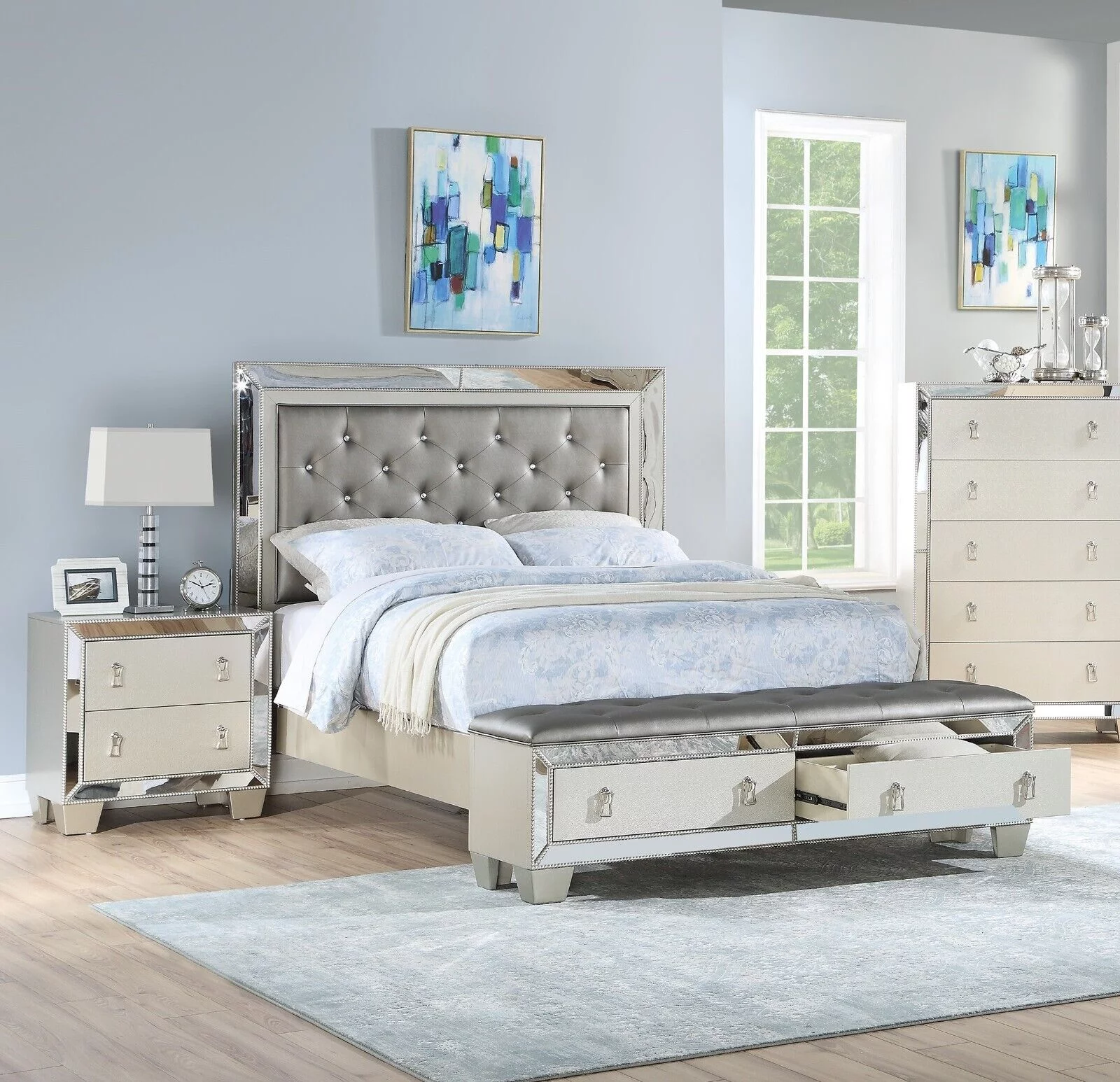 Traditional Elegant Gorgeous 3pc bedroom Set Queen Size Bed 2x Nightstands Silver Tufted Headboard Footboard w/2 Drawers Bench