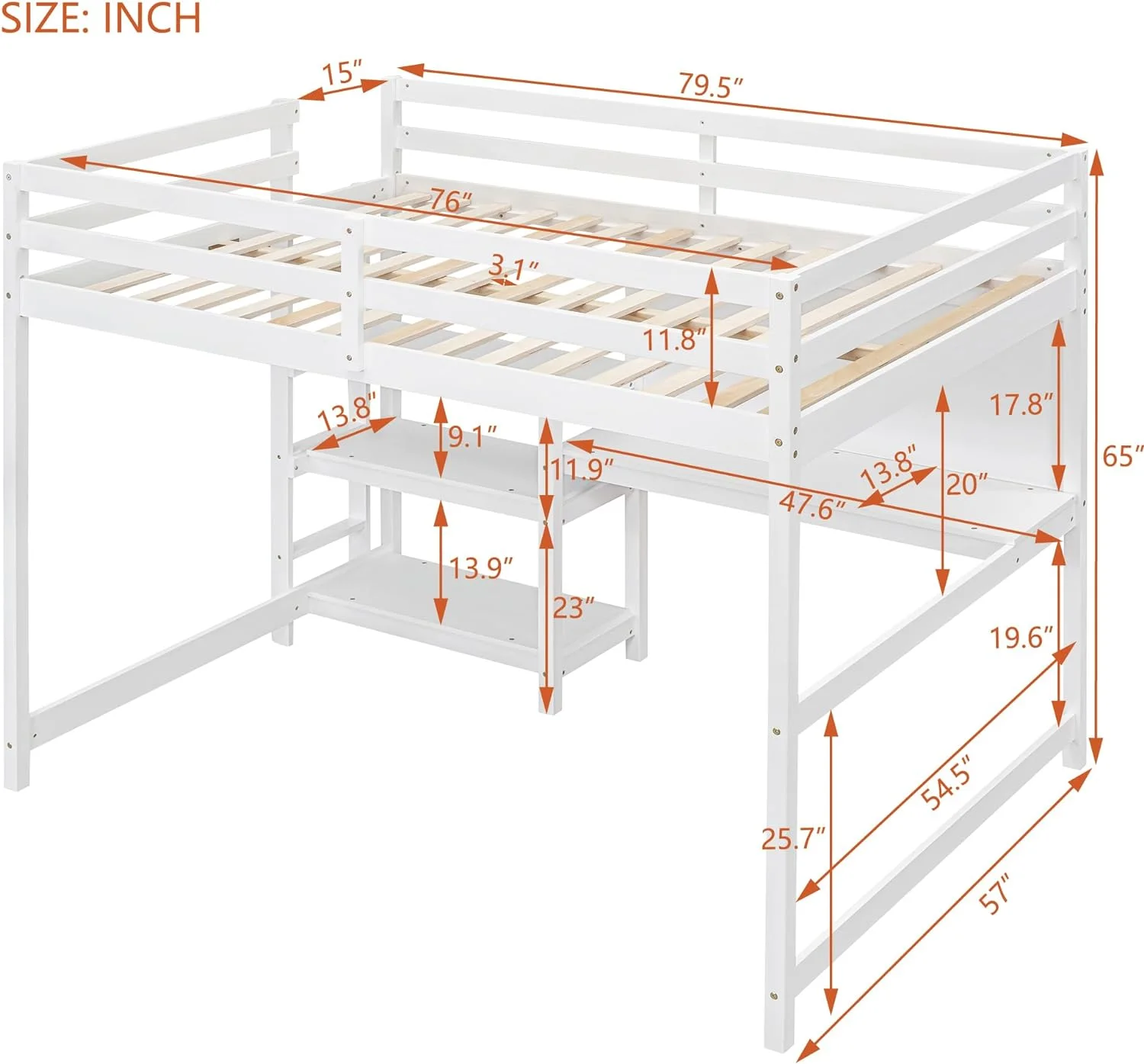 Full Size Woode Loft Bed With 3-Tier Shelves,Desk Ad Writig Board,Multi-Fuctioal Full Loft Bed Frame For Bedroom,Dormitory(White)