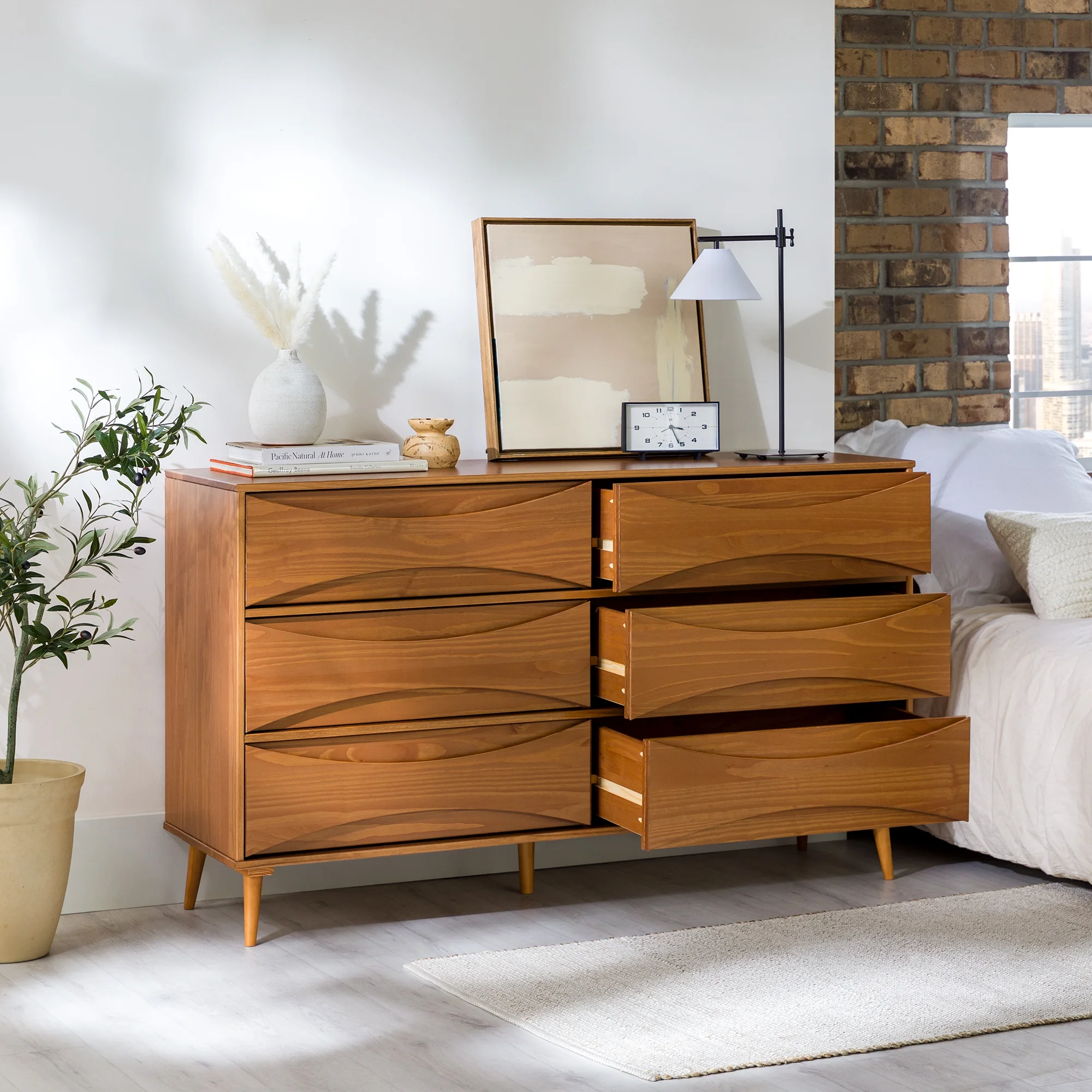 Walker Edison 58” Mid-Century Modern Curved Front 6-Drawer Dresser, Caramel