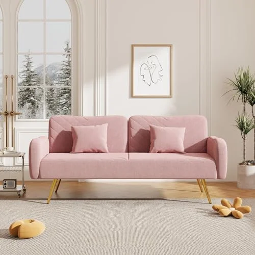 NLIBOOMLife Futon Sofa Bed  Modern Convertible Sleeper Couch for Living Room  Splitback Loveseat Sofas with 2 Pillows  Upholstered Futon Couch for Bedroom Office  70Inches (Grey)