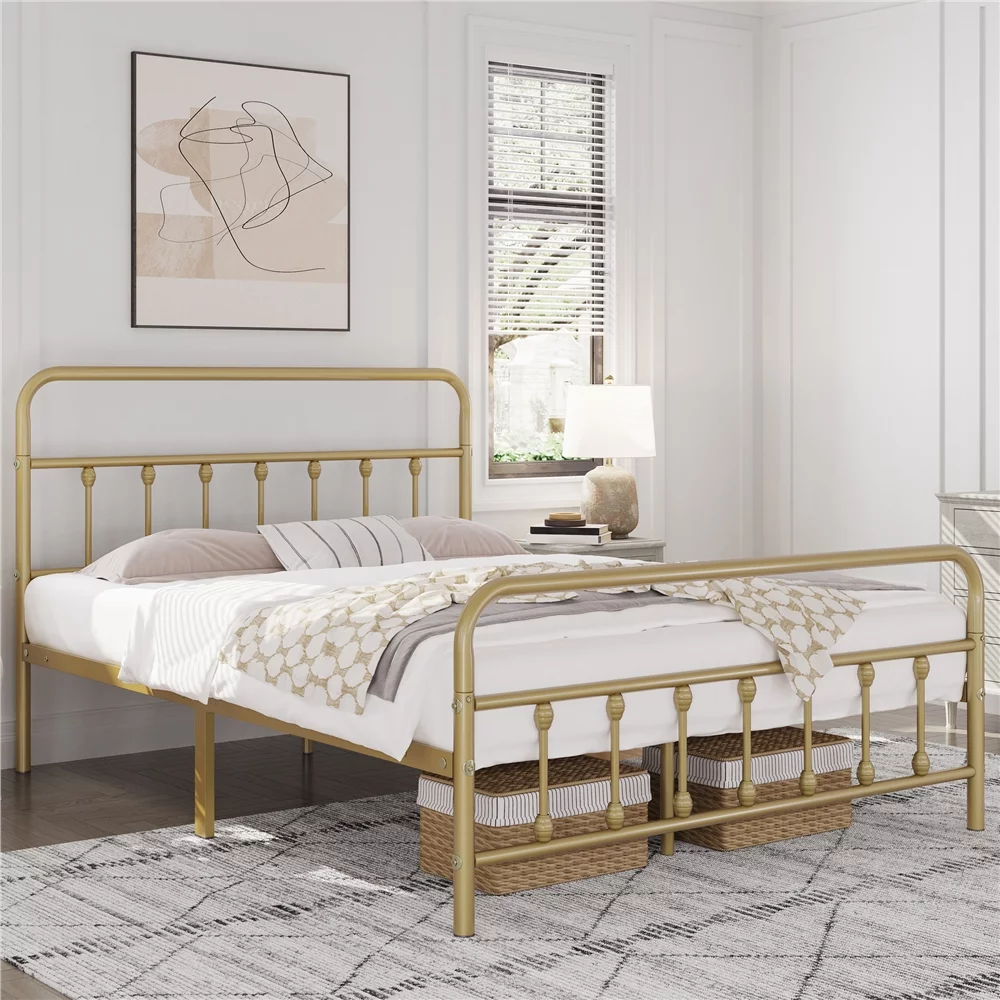 Yaheetech Classic Platform Bed with High Headboard and Footboard,Full,Antique Gold