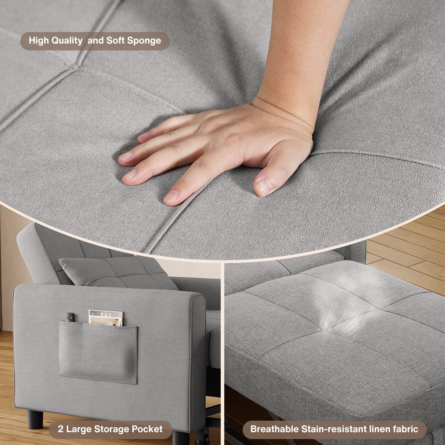 Lofka Sofa Bed, Convertible Chair Bed 3 in 1 Couch Recliner for Home Furniture or Office, Gray