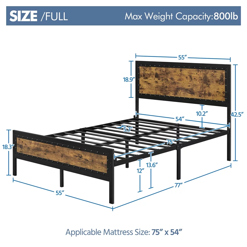 SMILE MART Industrial Metal Platform Bed with Wooden Headboard and Footboard, Rustic Brown, Full