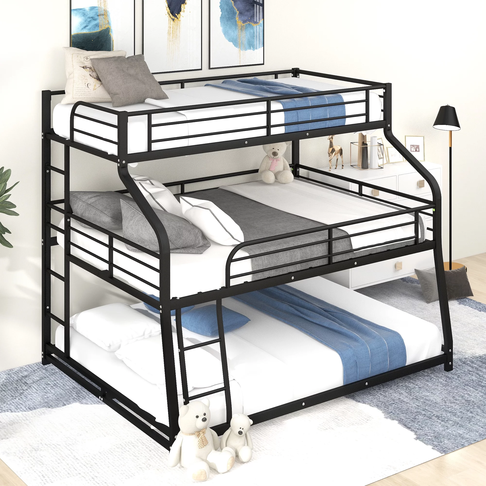 Metal Twin XL/Full XL/Queen Triple Bunk Beds Frame with Long and Short Ladder & Full-Length Guardrail, Space-Saving, No Box Spring Needed, Noise Free