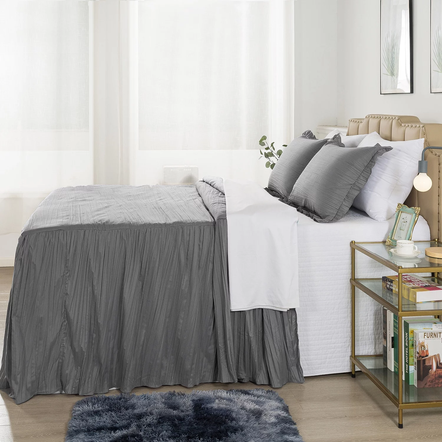 JML  Ruffle Skirt Bedspread Matching Area rug Grey Queen 4 Piece