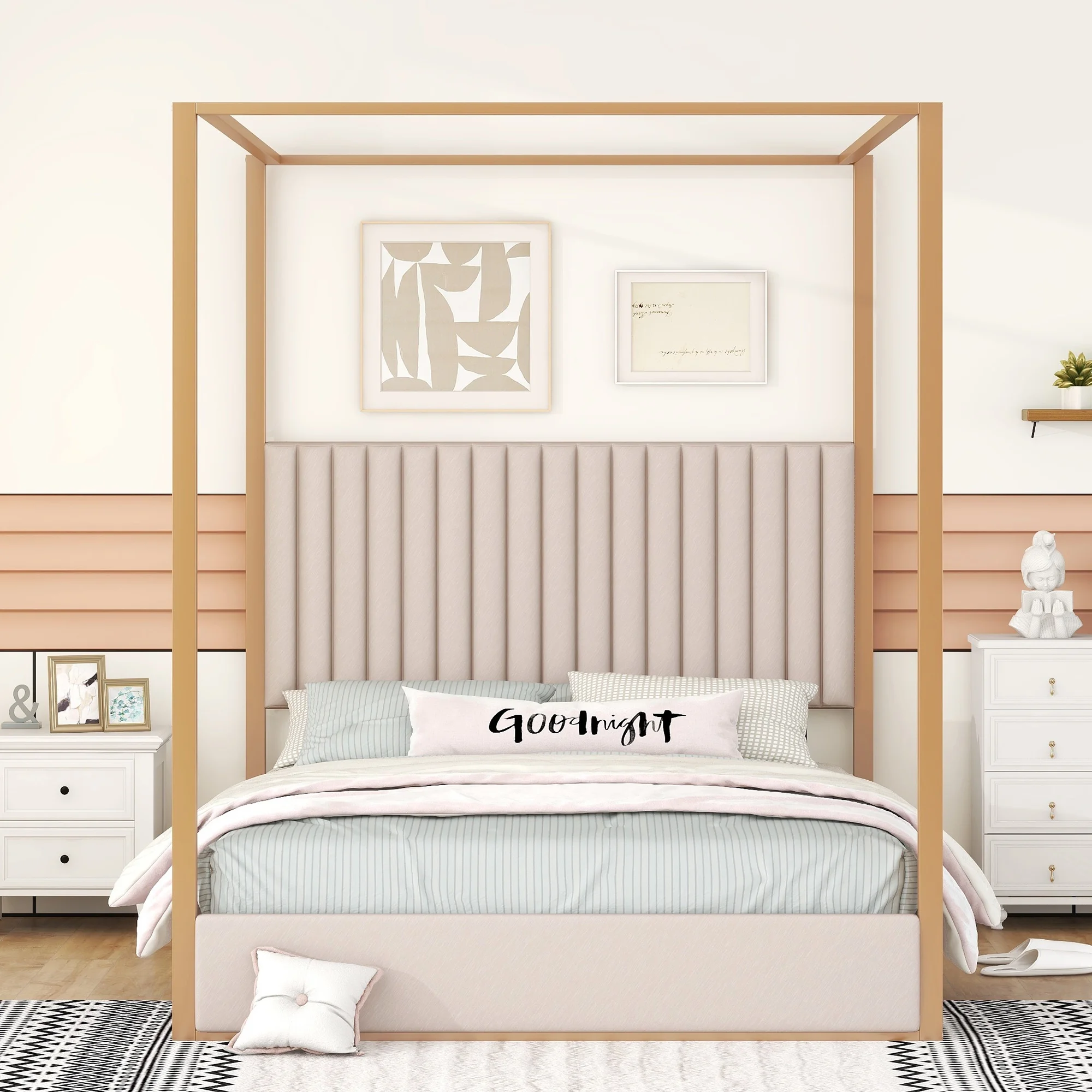 Euroco Upholstery Queen Size Canopy Platform Bed with Upholstery Headboard and Metal Bed Frame, Beige