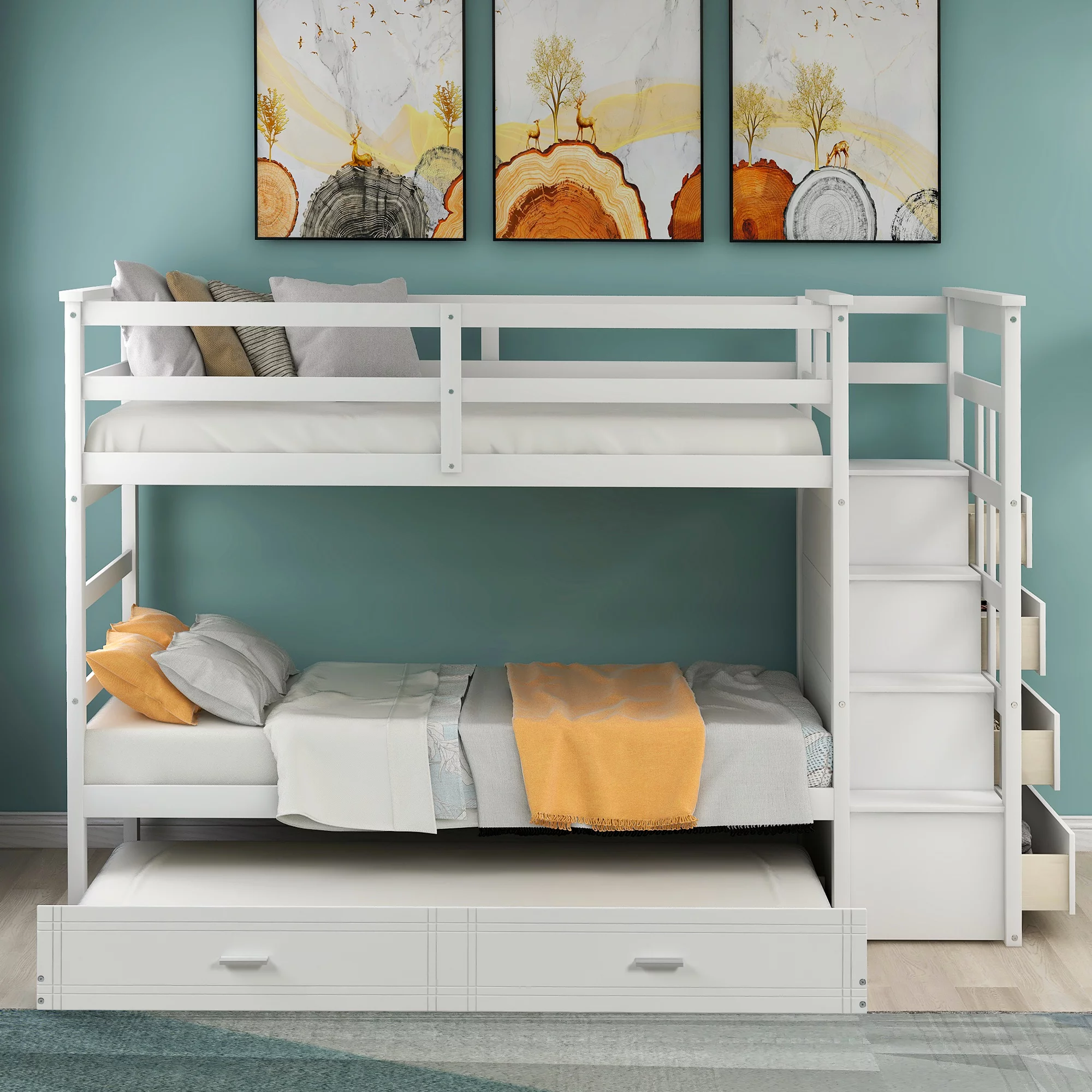 Nestfair White Twin over Twin Bunk Bed with Trundle and Drawers