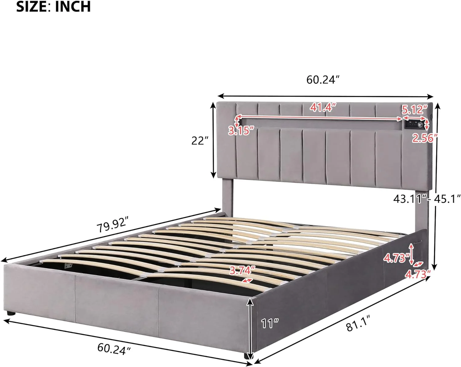Lift Up Storage Bed Queen Upholstered Bed With LED Light, Bluetooth Player And USB Charging, Hydraulic Storage Platform Bed For Kids Teens Adults (Queen Size, Gray Velvet)