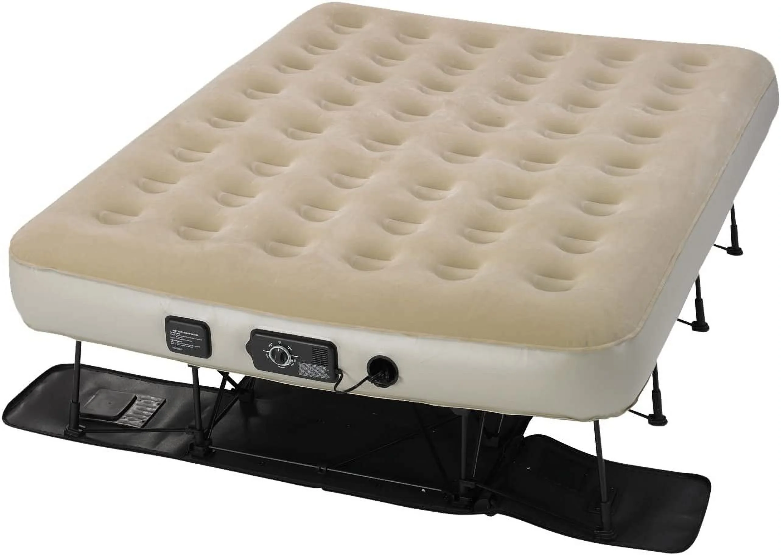 EZ Raised Foldable Portable Air Mattress Bed With Built In Neverflat Pump, Rolling Duffel Bag, Steel Frame And Repair Kit, Tan, Queen Bed