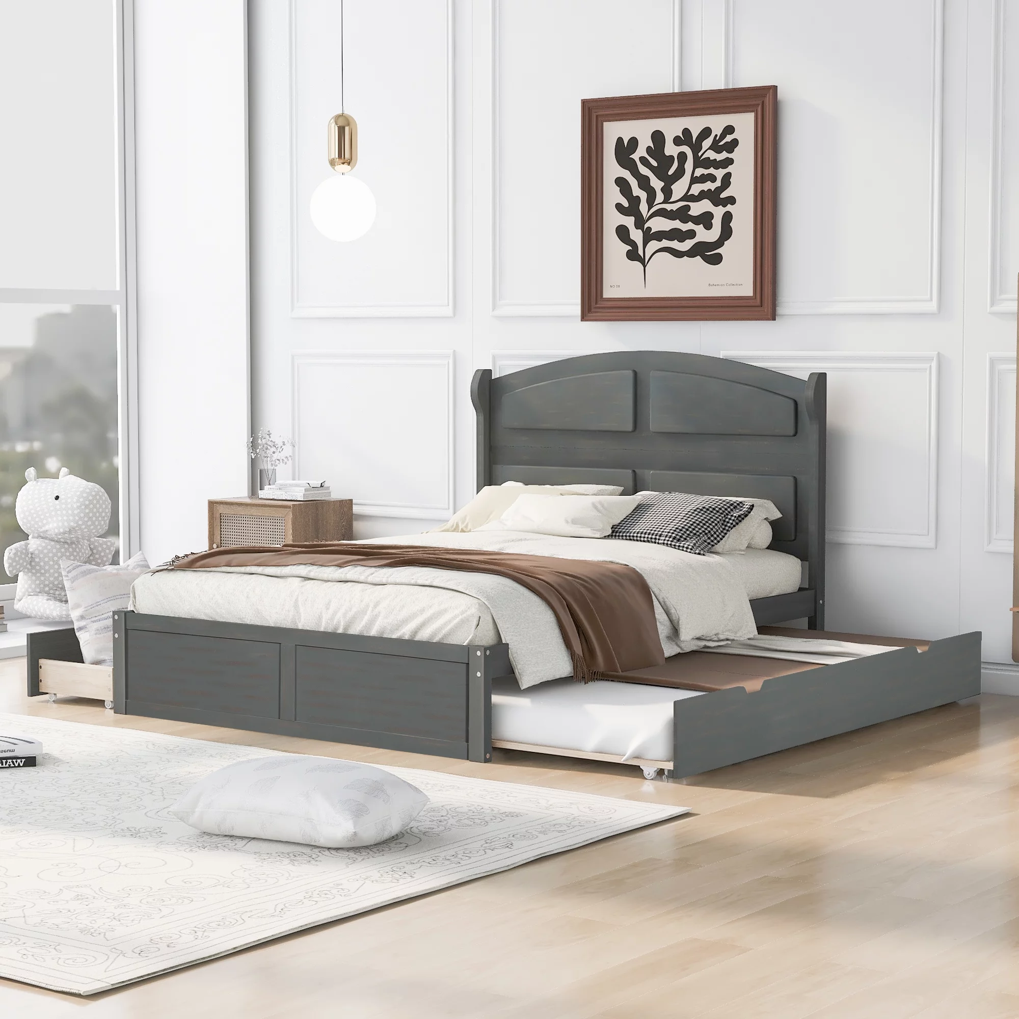 Queen Size Solid Wood Platform Bed, Wooden Slats Support, Storage Platform Bed with Twin Size Trundle and 2 Drawers, No Box Spring Needed, Easy Assembly(Gray, Queen)