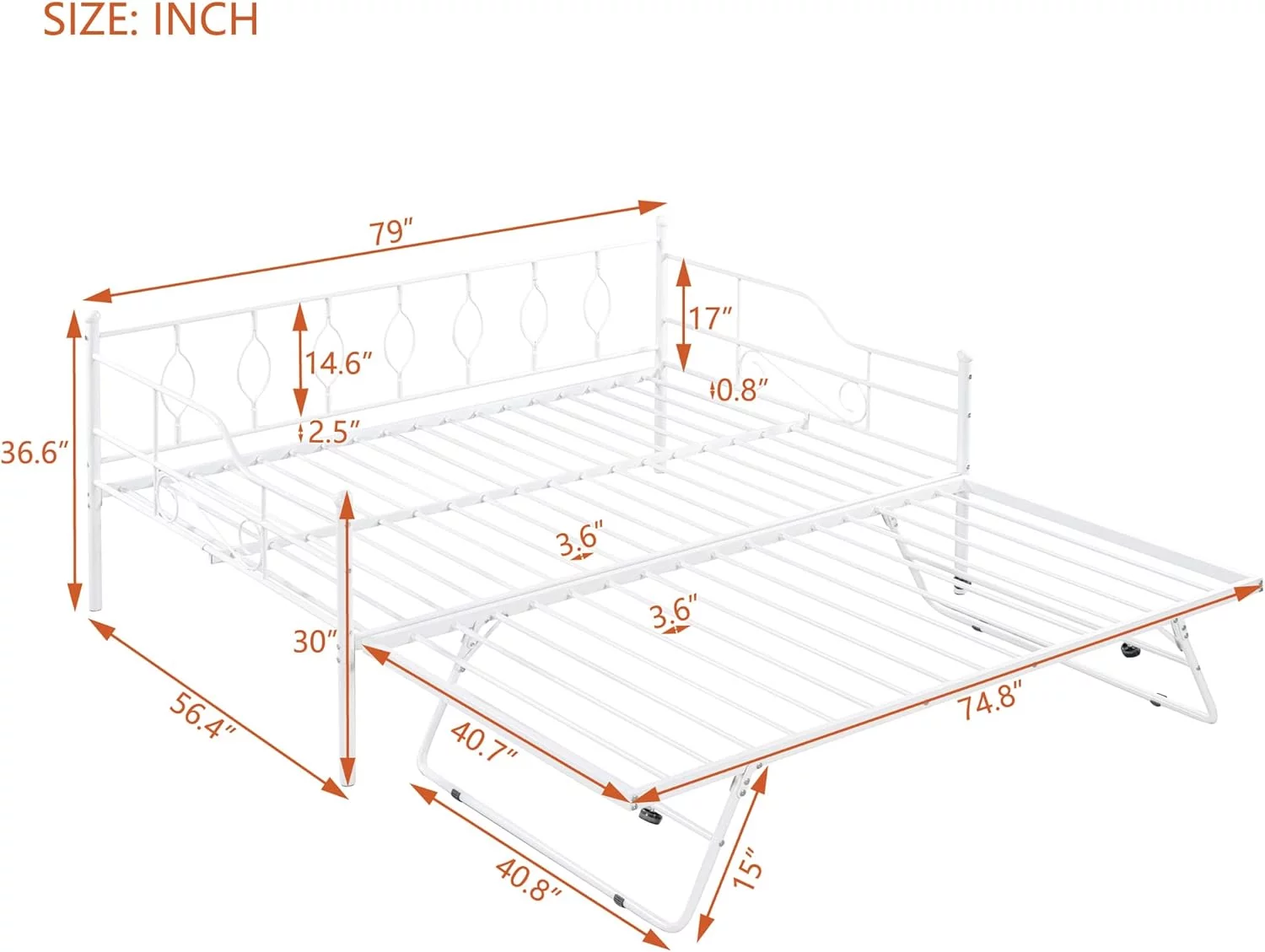 Full Size Metal Daybed With Adjustable Trundle, Heavy-Duty Steel Full Pull Down Trundle Bed, Full For Bedroom, Living Room (Portable Folding White)