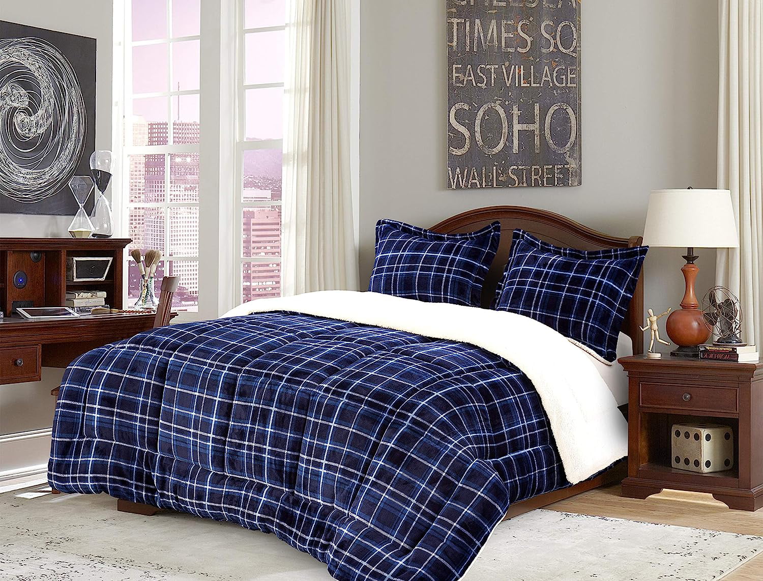 3-Piece Plaid Pattern Comforter Set - Soft and Plush Micromink Sherpa Backing, Reversible Bedding with Matching Shams, King/California King Size, Navy