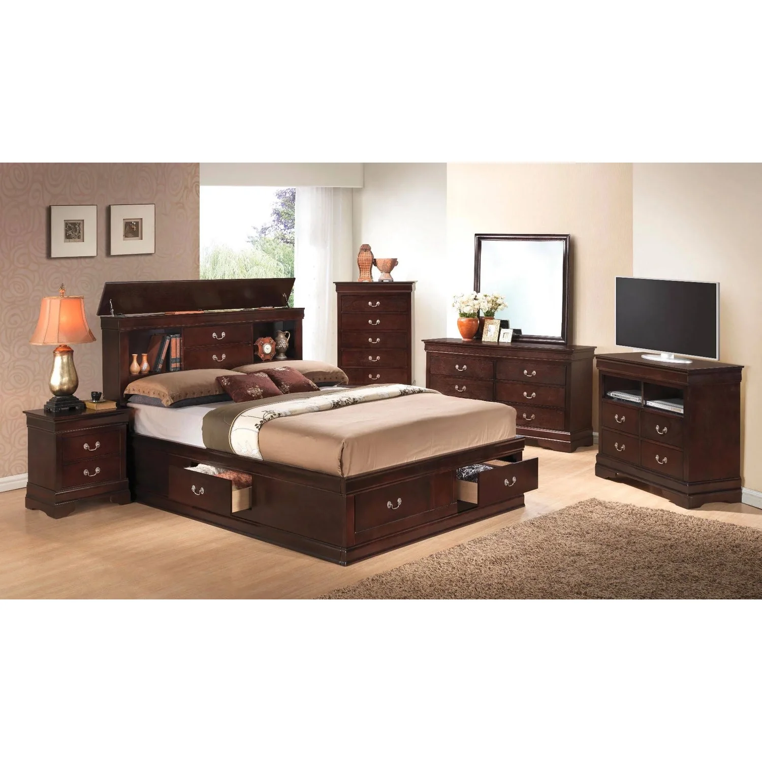 Glory Furniture Louis Phillipe Full Storage Bed in Cappuccino