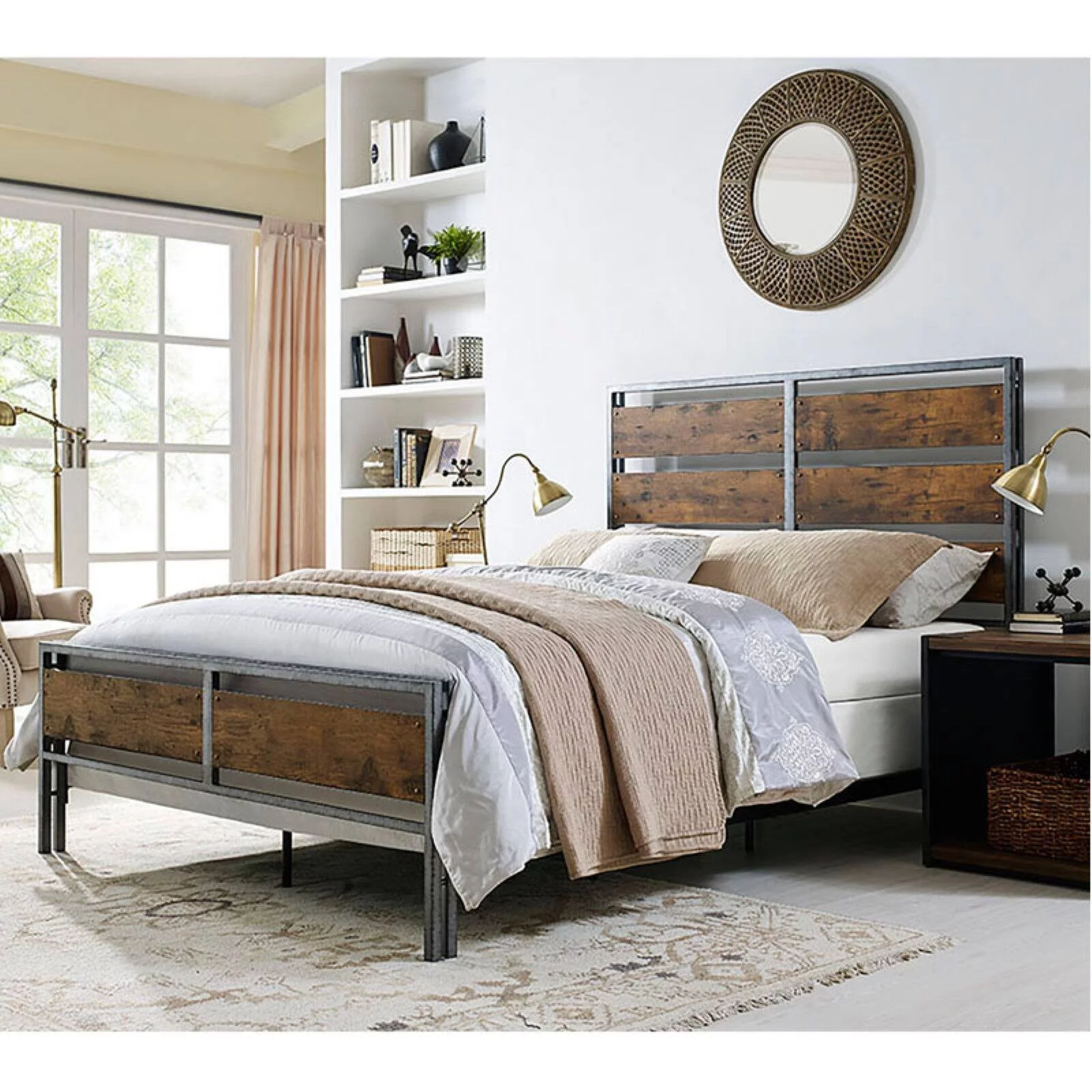 Industrial Queen Size Metal and Wood Plank Bed - Brown