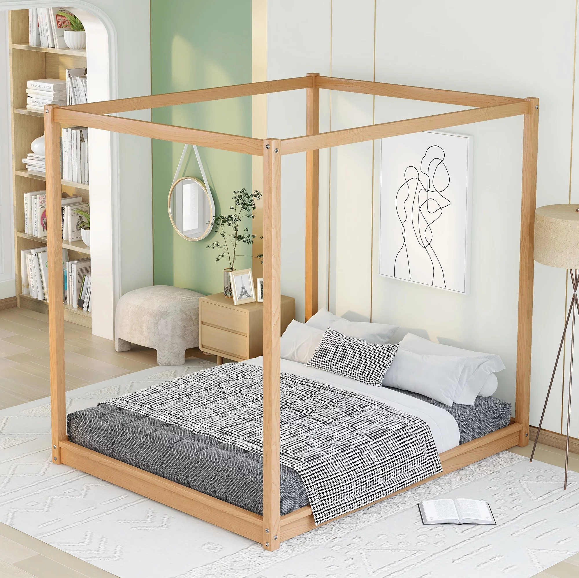 Dcenta Queen Size Canopy Platform Bed with Support Legs,Natural