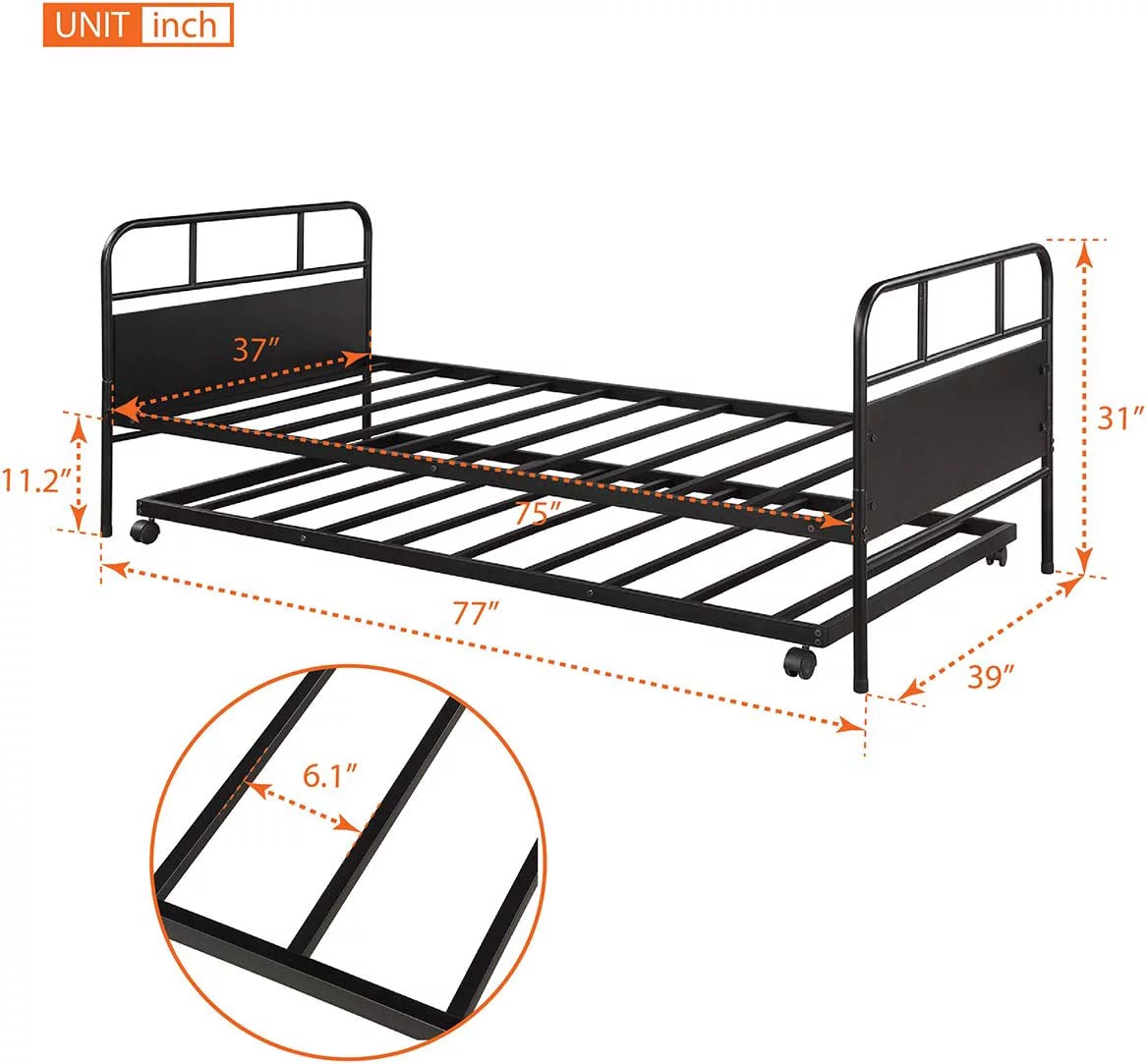 Size Daybed, Metal Frame Daybed With Trundle Bed, Size Daybed Frame For Kids, Teens, Adults, No Box Spring Needed (Black)