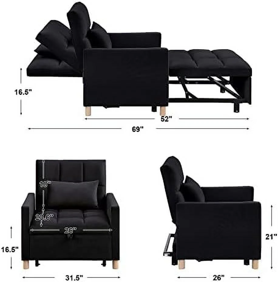 NLIBOOMLife 3 in 1 Convertible Chair Bed Sleeper Chair Bed with Pillow Adjustable Recliner pullout Sleeper Chair with Velvet Fabric for Living Room Apartment(Grey)