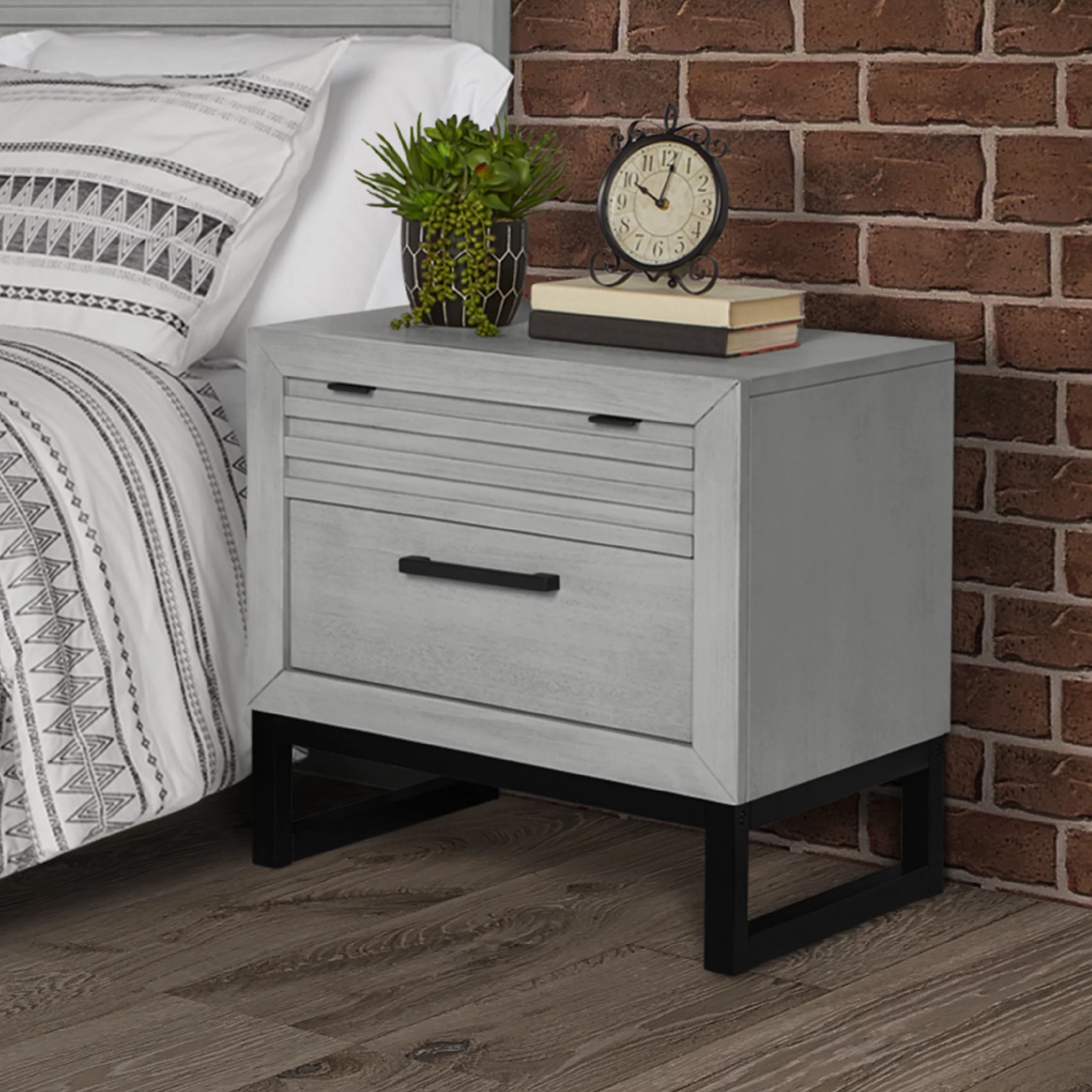 Evolur Kyoto Night Stand In Imperial Grey, Spacious Drawers With Ball Bearing Glides