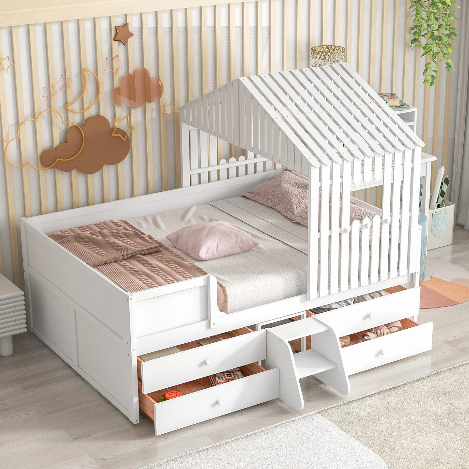 Full House Bed For Kids, Full Size Bed With 4 Storage Drawers, Feces Ad Roof, Solid Woode Low Loft Bed Full Platform Bed Frame For Kids Tees Girls & Boys (Full, White)