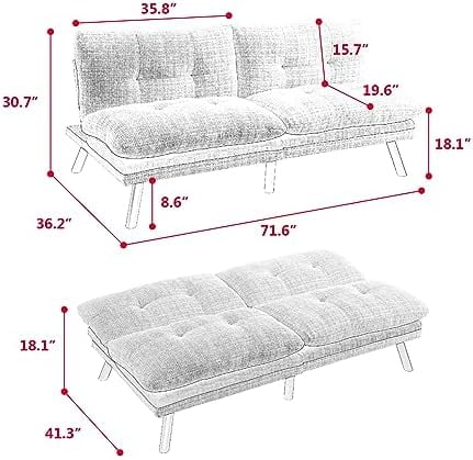 RUNFAYBIU Convertible Armless Sofa Bed Loveseat Futon Sofa Bed with Metal Legs Breathable Adjustable Sleeper Sofa Couch for Compact Living Space Chenille Grey