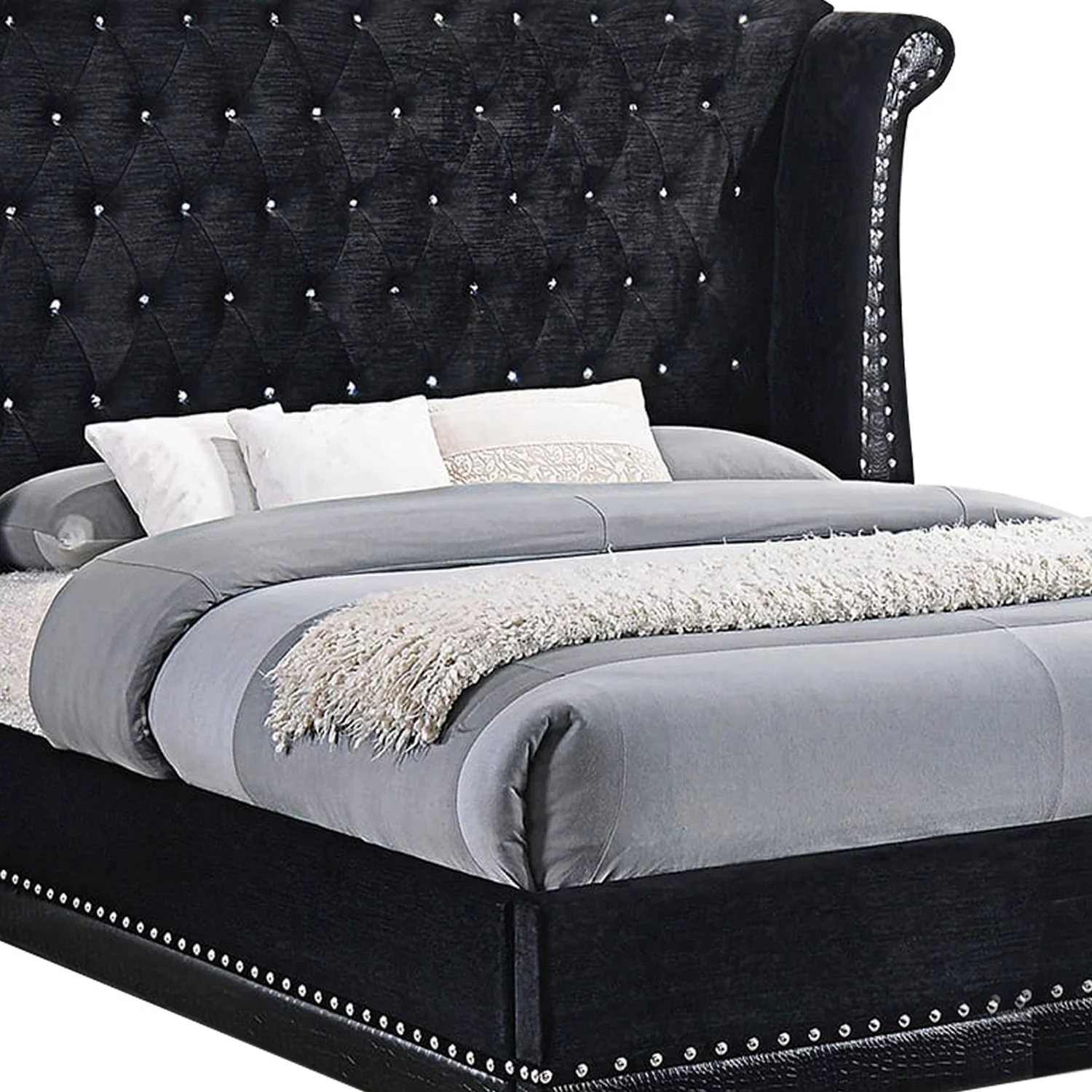 Wooden Eastern King Size Bed with Shelter Style Headboard, Black