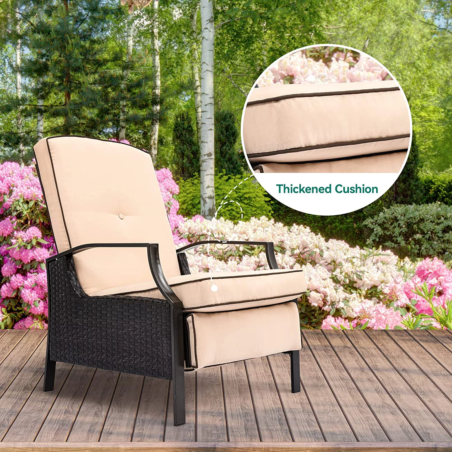 Dextrus 2-Piece Patio Outdoor Indoor Adjustable Function Wicker Recliner Chairs, Dual-use Rattan Lounge Chairs with Soft Thick Cushions, Extended Footrest, Flip Back (Brown + Beige)