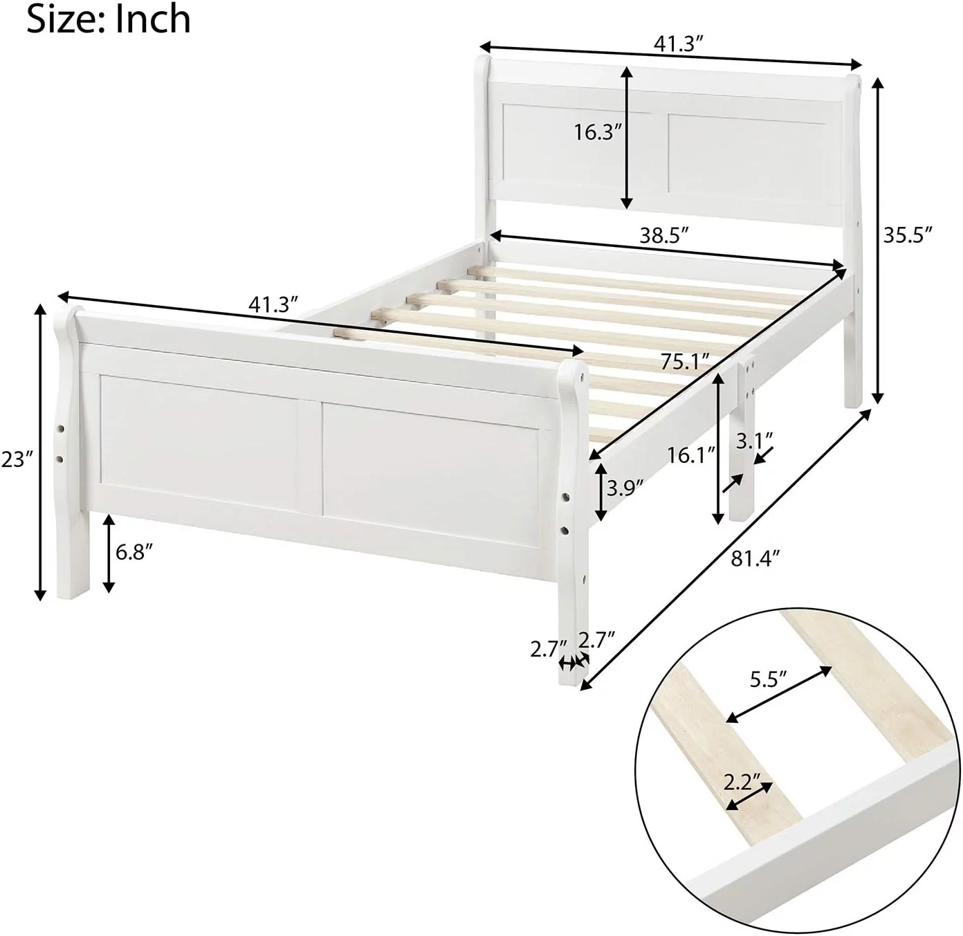 Wood Size Sleigh Bed Platform With Heaboard And Footboard, Mattress Foundation With Slats Support, White