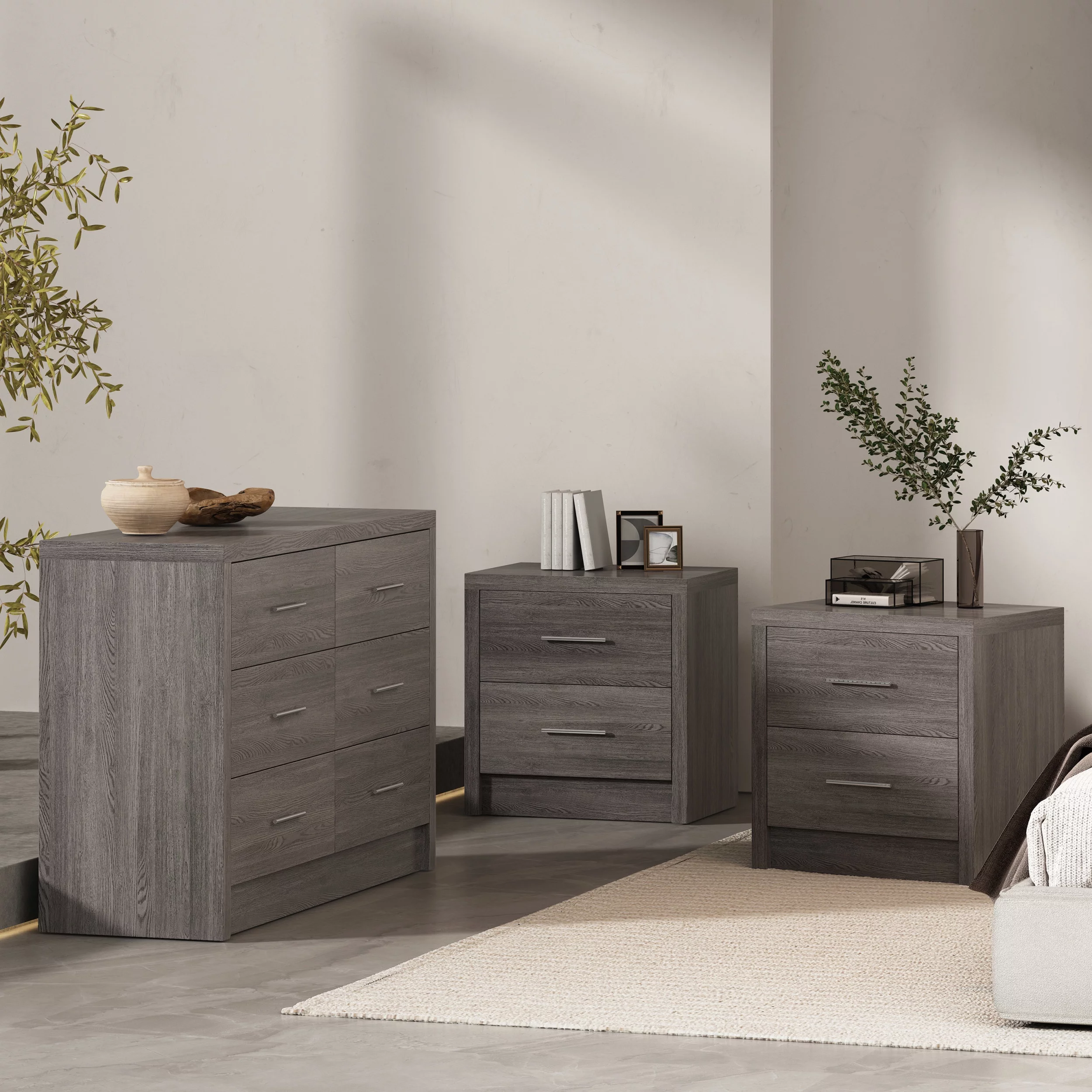 Noble House Alachua Faux Wood 3 Piece Double Dresser and Nightstand Bedroom Set, Gray Maple