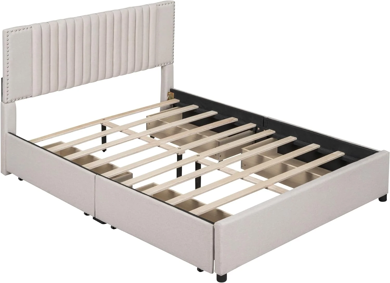 Lie Upholsered Quee Size Plaform Bed Wih Headboard Ad 4 Sorage Drawers,Woode Quee Plaform Bed Frame For Bedroom,Beige
