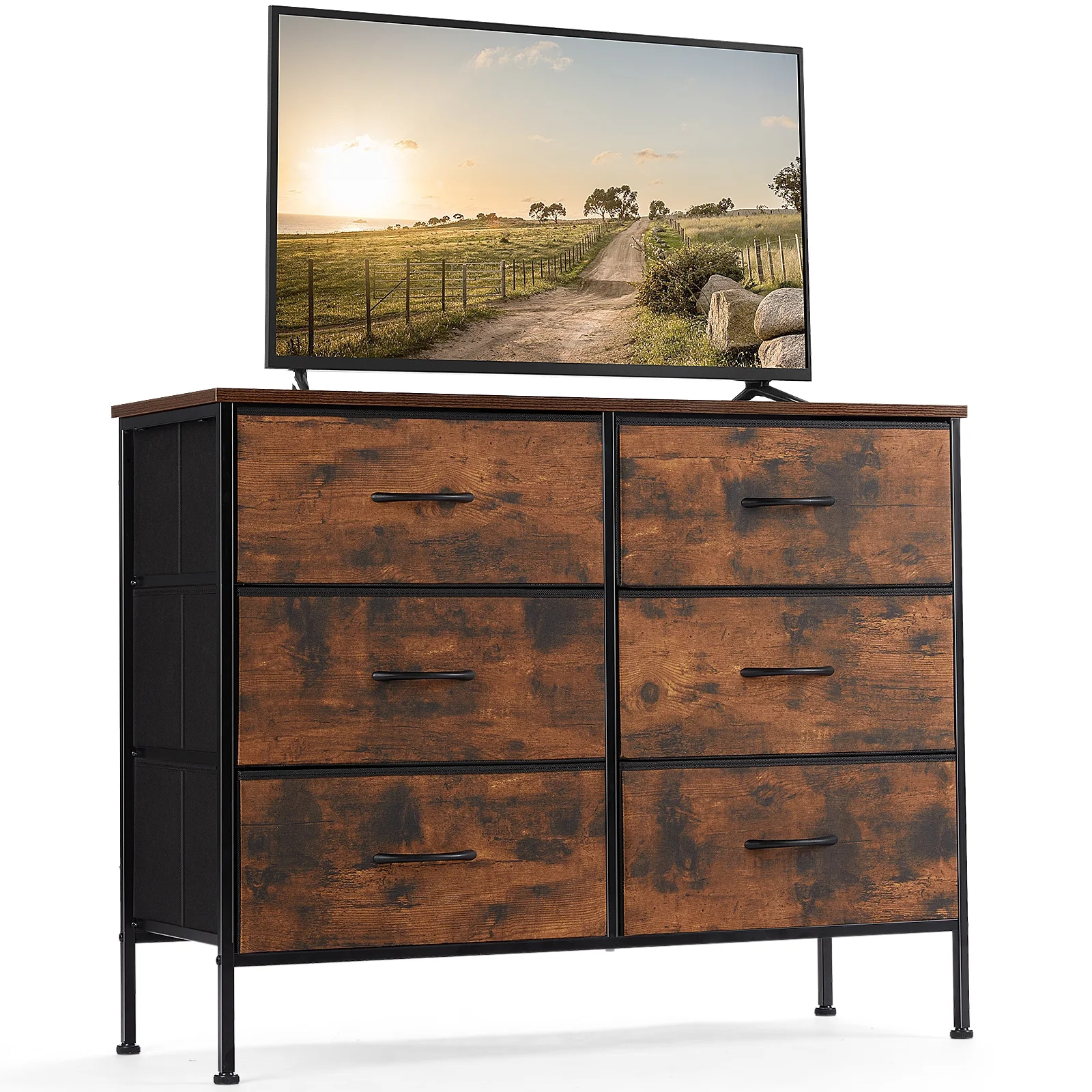 BISHE 5-Drawer Dresser TV Stand, Multi-Purpose Dresser with Open Shelves & Steel Frame for Bedroom, Living Room, Closet - Fits TV up to 45 Inches, Brown