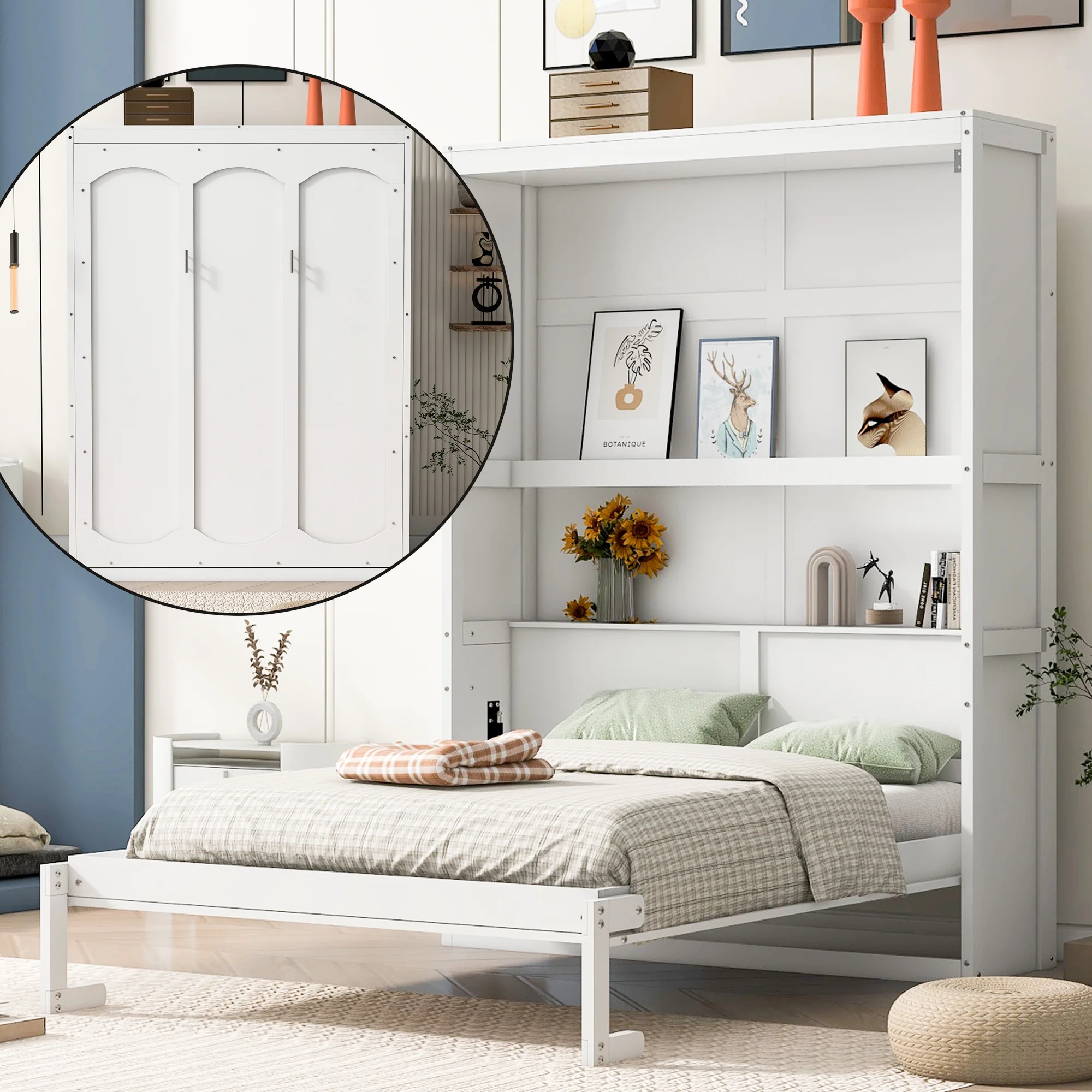 Bellemave Full Size Murphy Bed 68 Inch Wall Bed, Wood Space-Saving Foldable Cabinet Bed, Full Platform Bed Frame for Home Office Bedroom(White)