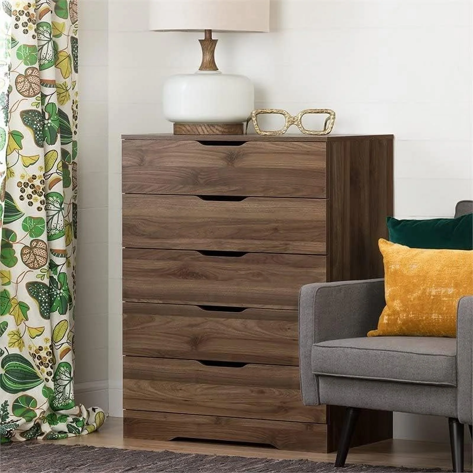 5 Drawers Dresser, Small Wood Organizer Chest For Bedroom, Modern Storage Tower For Closet, Brown
