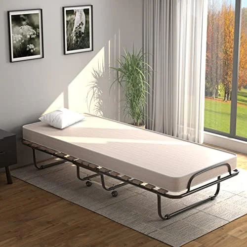 NLIBOOMLife Folding Rollaway Bed with Mattress  Foldable Bed with Memory Foam Mattress for Adults  Portable Fold Up Guest Bed with Sturdy Steel Frame on Wheels for Home & Office  Made