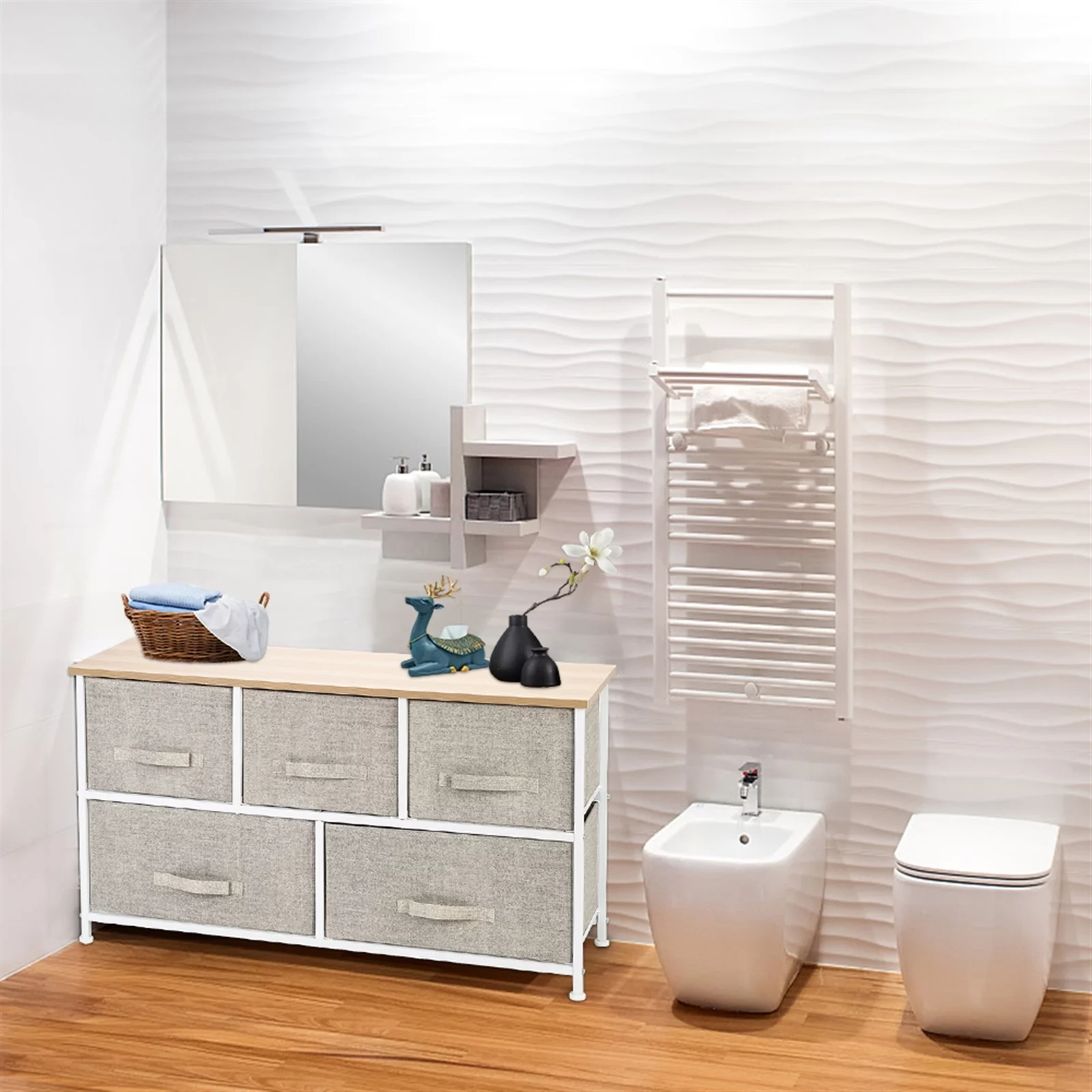 2-Tier Wide Closet Dresser, Nursery Dresser Tower With 5 Easy Pull Fabric Drawers And Metal Frame, Multi-Purpose Organizer Unit For Closets, Dorm Room, Living Room, Hallway, Linen/Natural