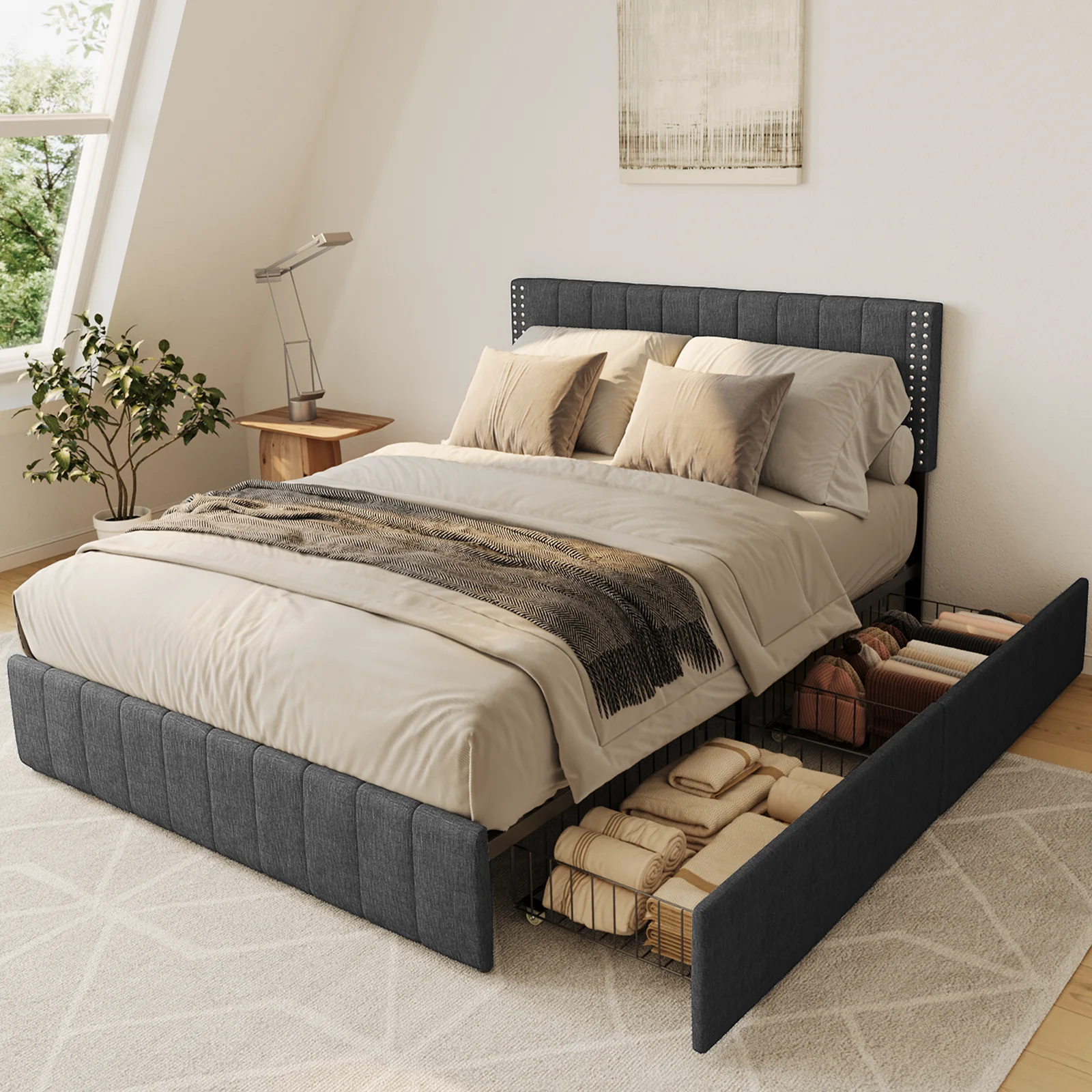 Aiho Bed Frame Queen with 4 Storage Drawers for Bedroom, Dark Grey