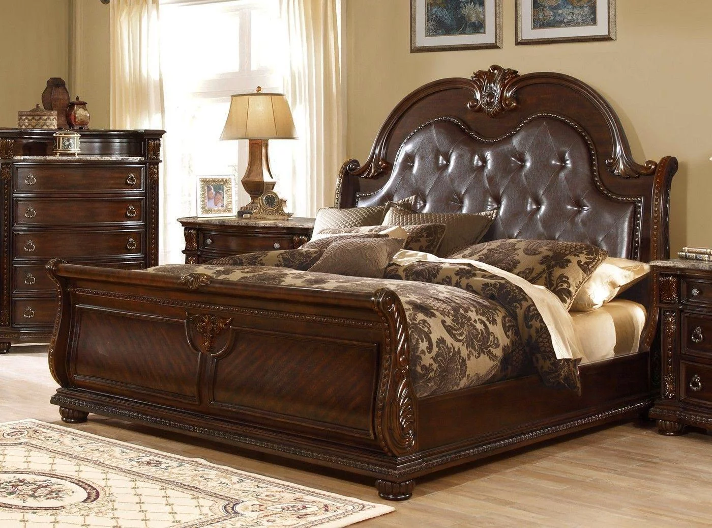 Dark Cherry Sleigh King Bedroom Set 2Pcs B9505 Mcferran Traditional Classic