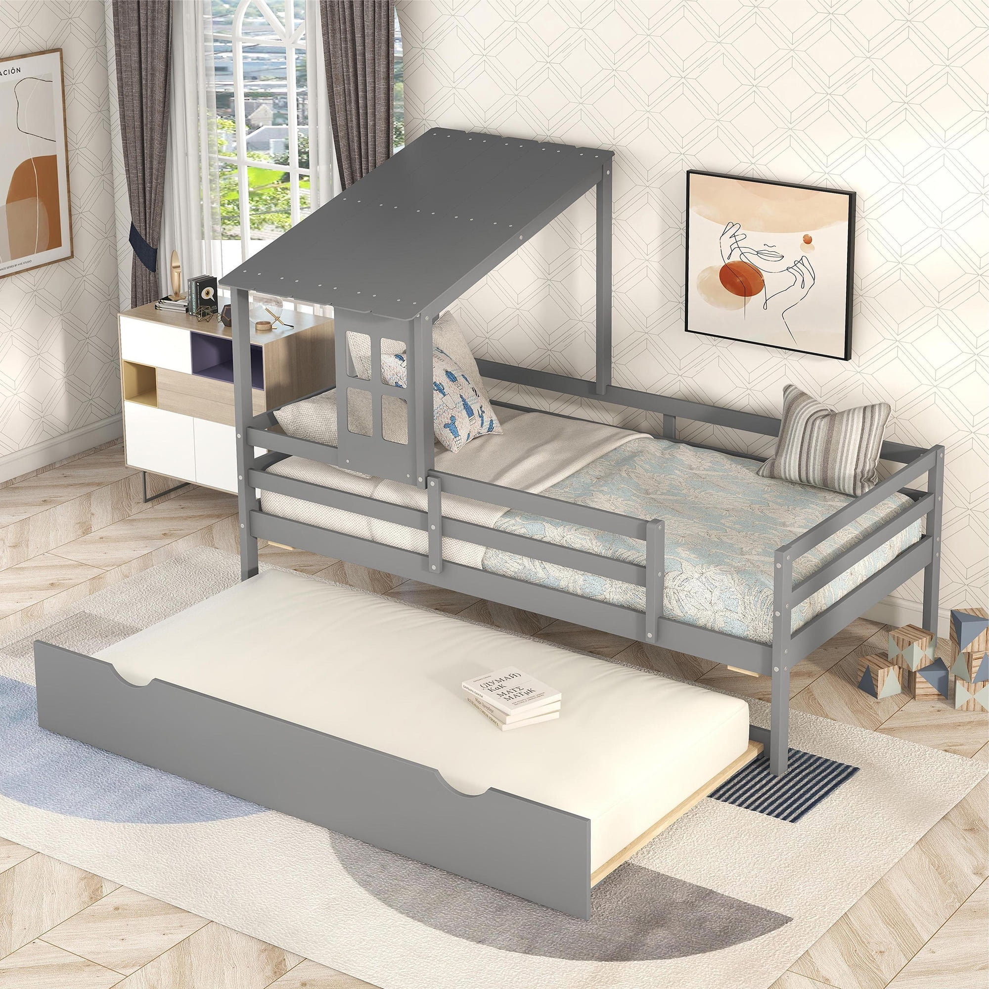 Euroco Wood House Platform Bed with Roof and Trundle for Kids Bedroom, Semi-Close House Bed with Roof and Window, Gray
